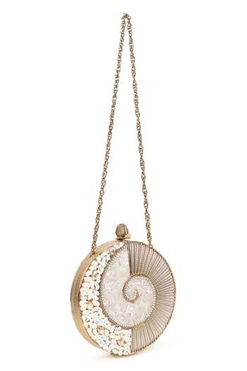 Buy Gold Pearls, Stones Seashell Embellished Round Clutch by House