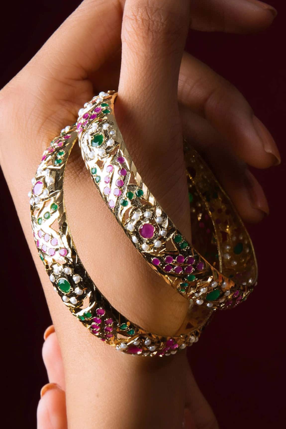 Queens Jewels Opulent Jadau Stone Embellished Bangle - Set of 2