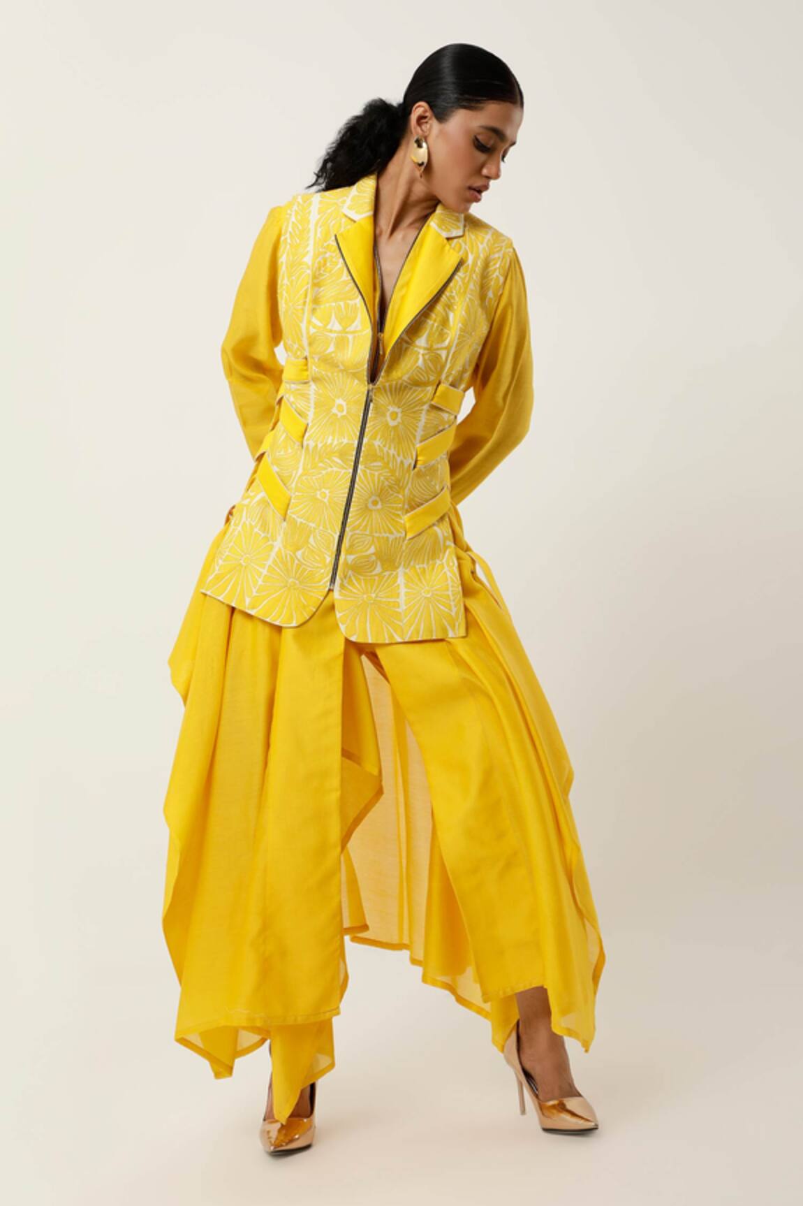 Jajaabor Floral Work Jacket With Draped Kurta Set