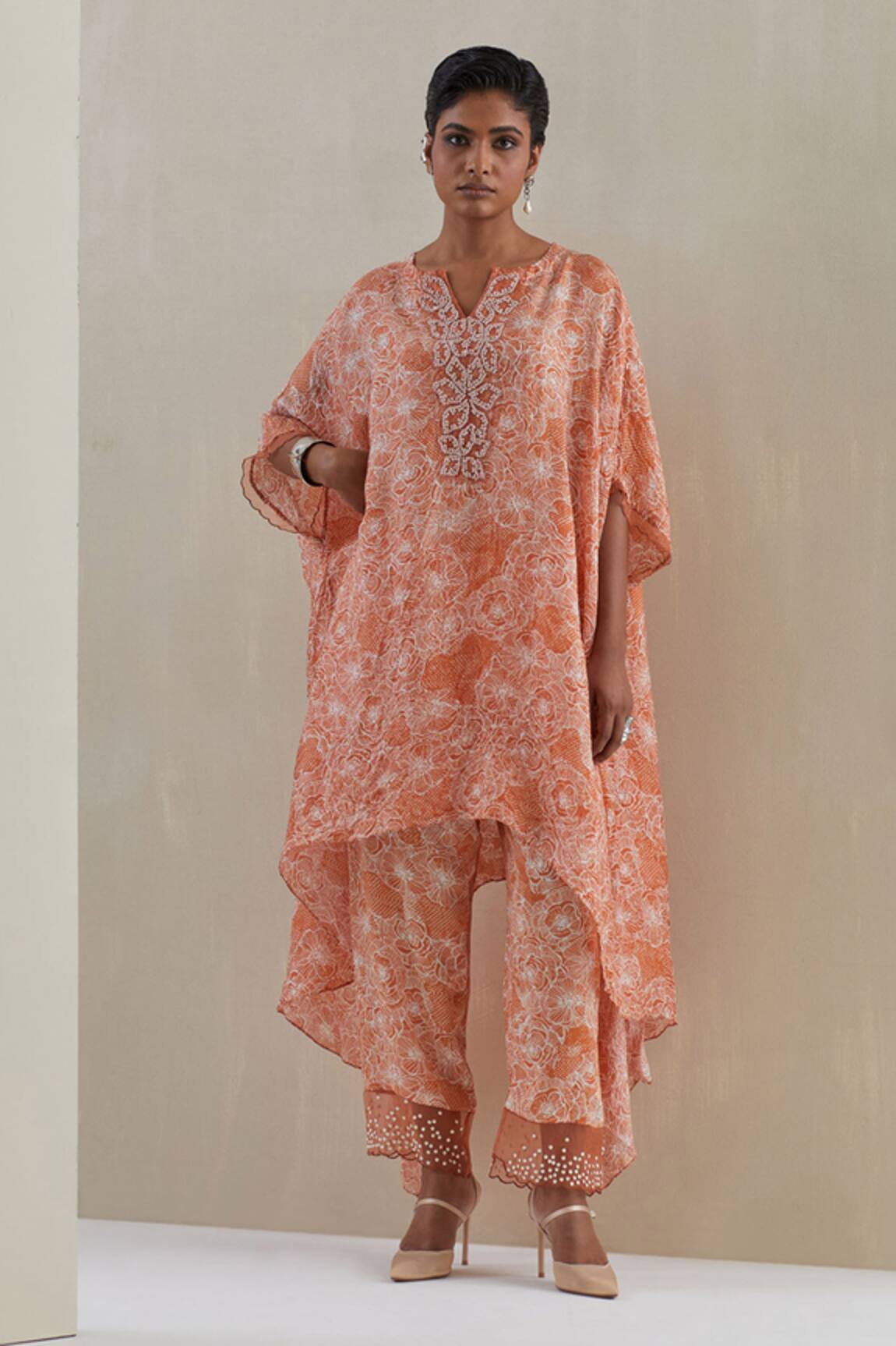 One Not Two Hand Embroidered Floral Kaftan & Pant Set