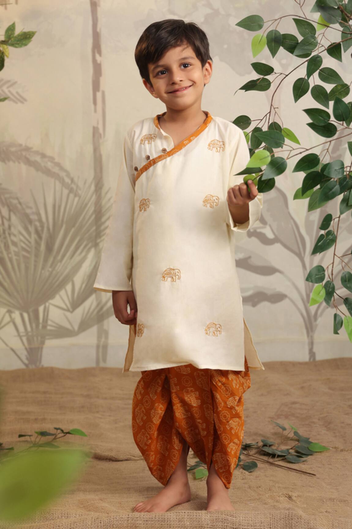 Cute Couture Beige Elephant Embroidered Kurta Set