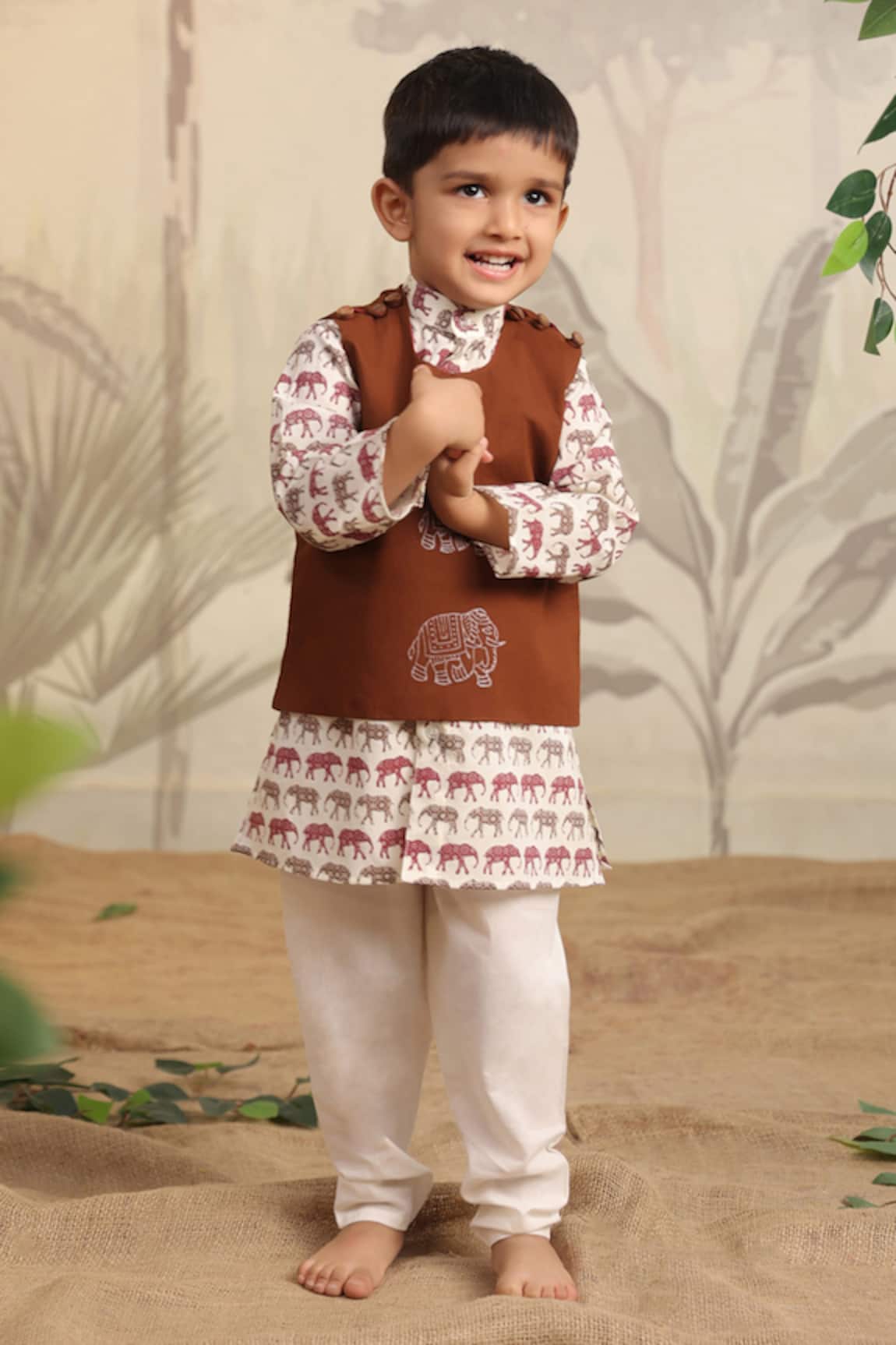 Cute Couture Elephant Print Kurta Set With Jacket