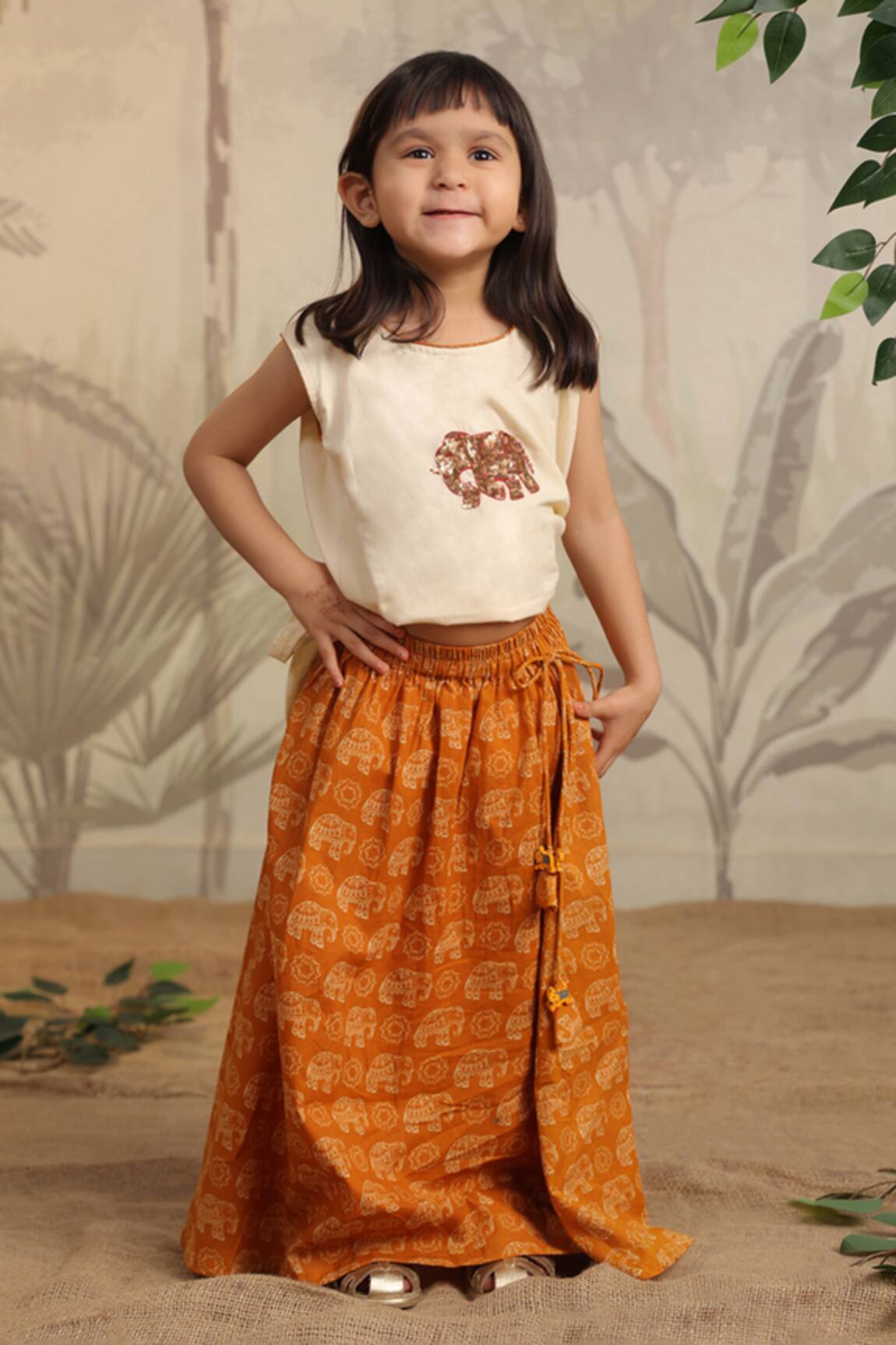 Cute Couture Elephant Embroidered Top & Printed Skirt Set 