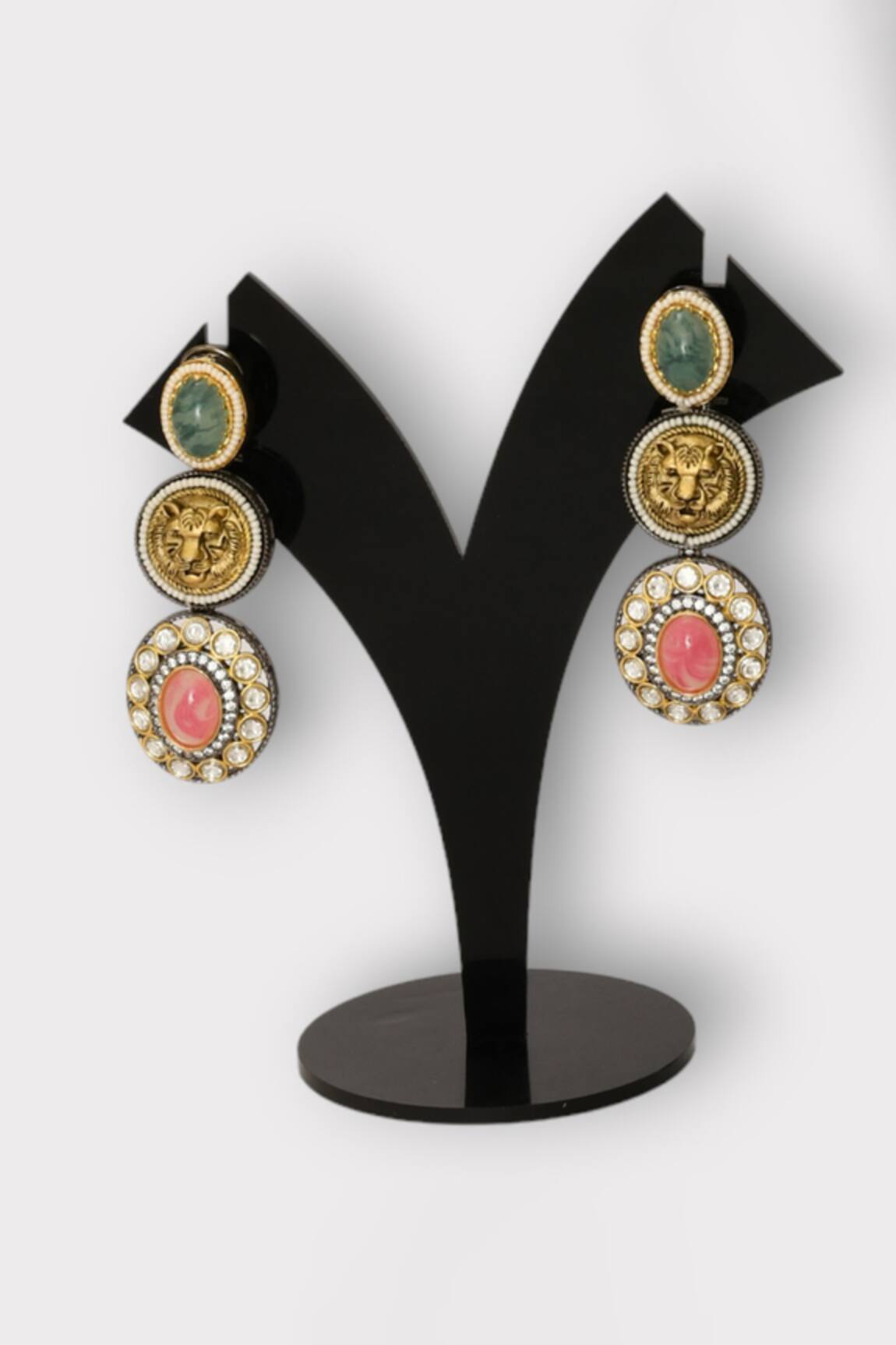 Zaza By Somya lLioness Carved Stone Studded Earrings