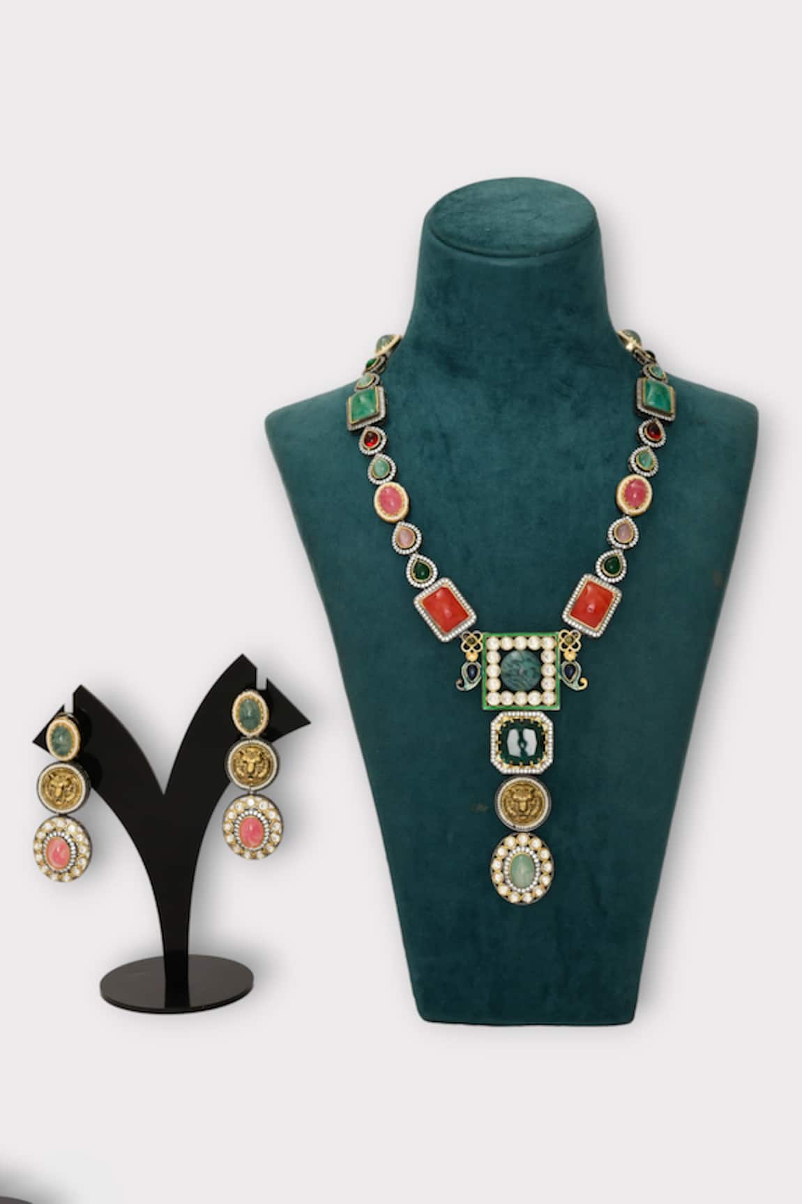 Zaza By Somya Sheen Geometric Stone Studded Long Necklace Set