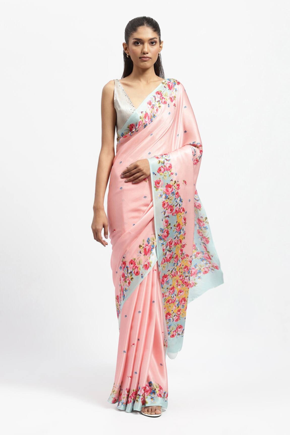 Satya Paul Bewitched European Rose Garden Print Saree With Running Blouse