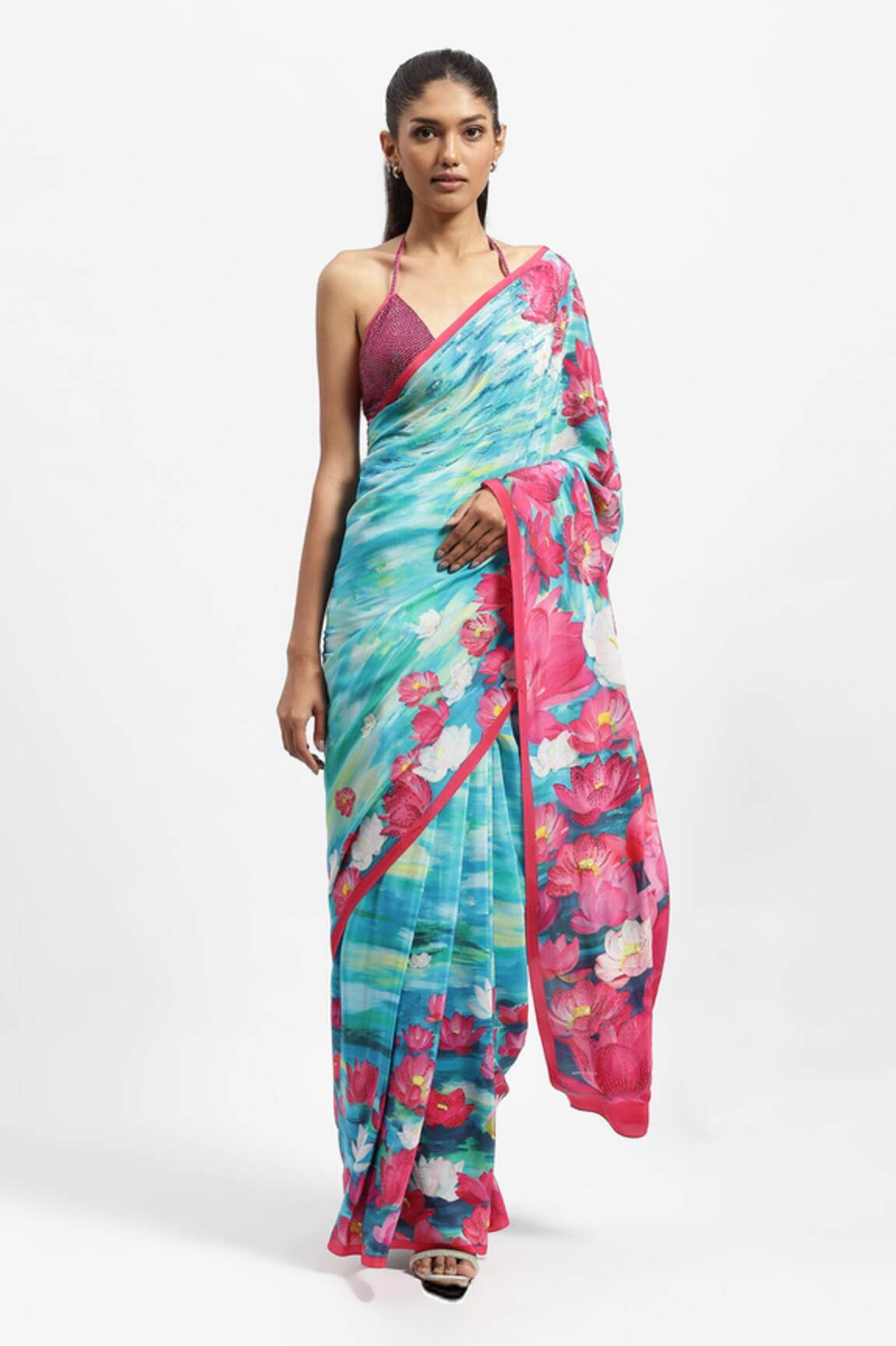 Satya Paul Lost At Sea Lotus Print Saree With Running Blouse