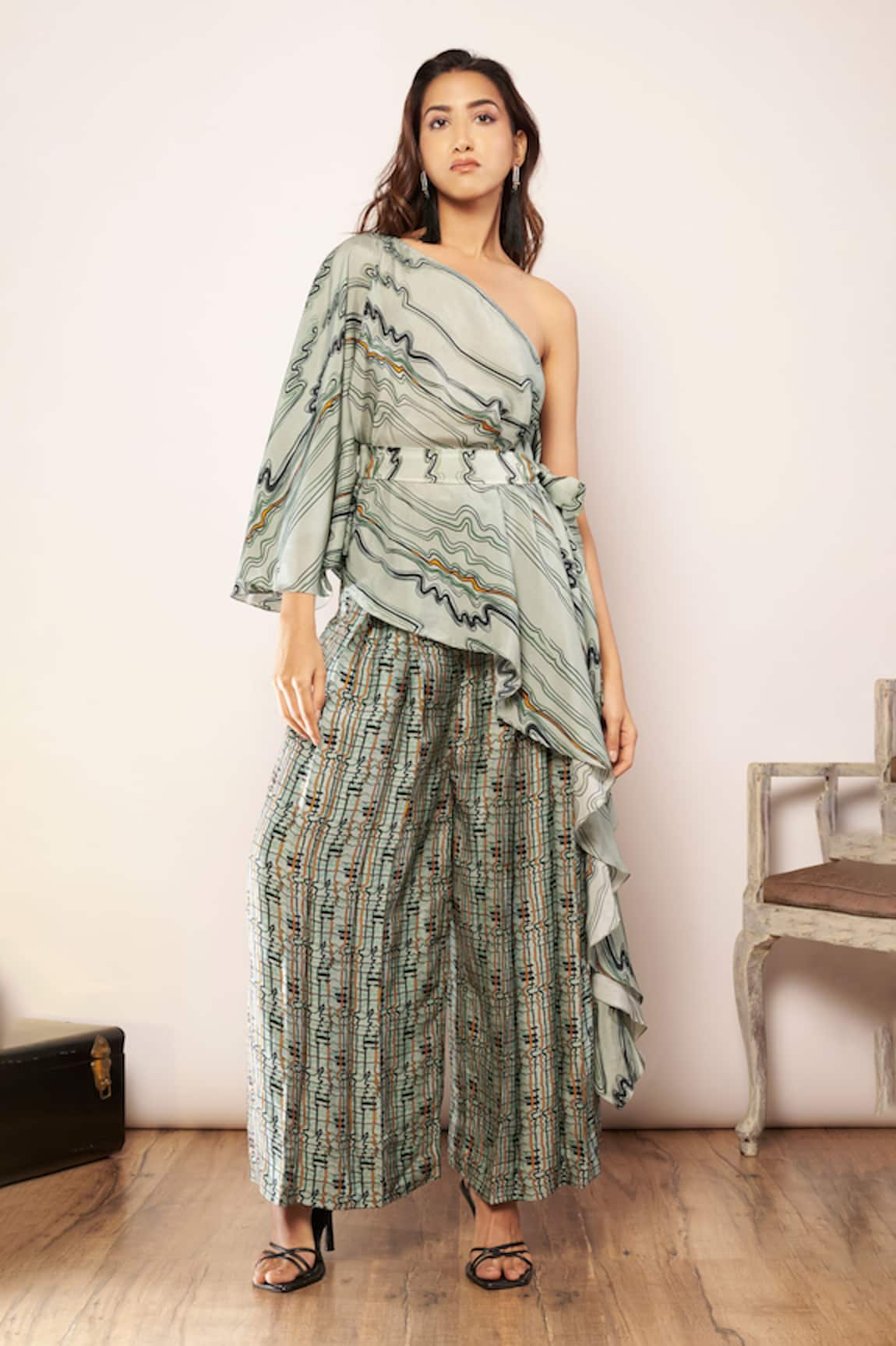 Babita Malkani Coiled Graphic Print One Shoulder Top With Sash 