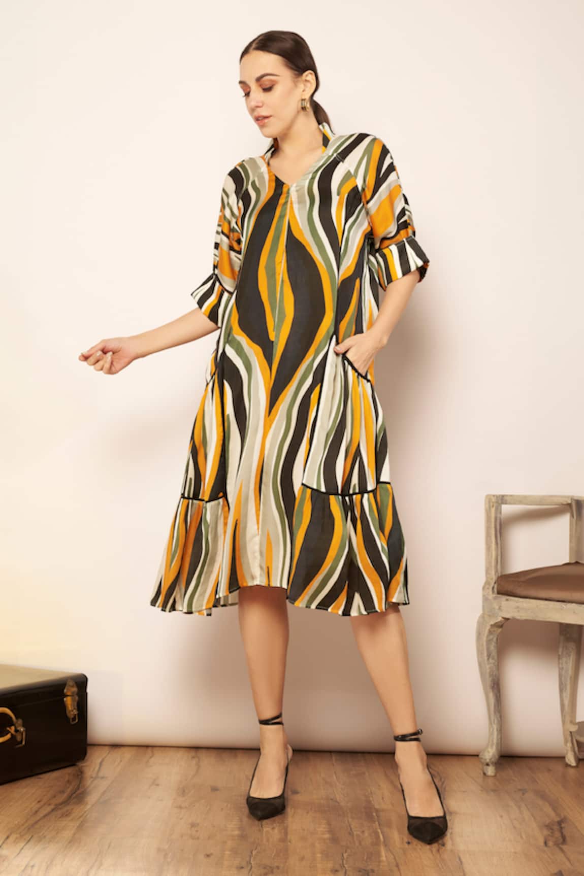 Babita Malkani Flaming Wave Print Midi Dress 