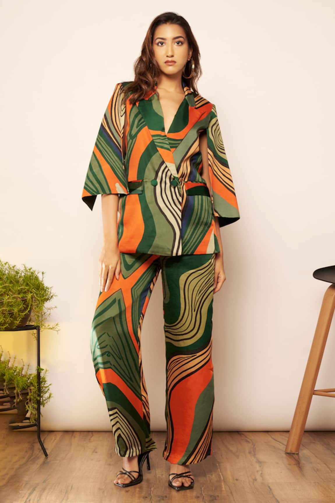 Babita Malkani Abstract Print Cape Sleeve Blazer 