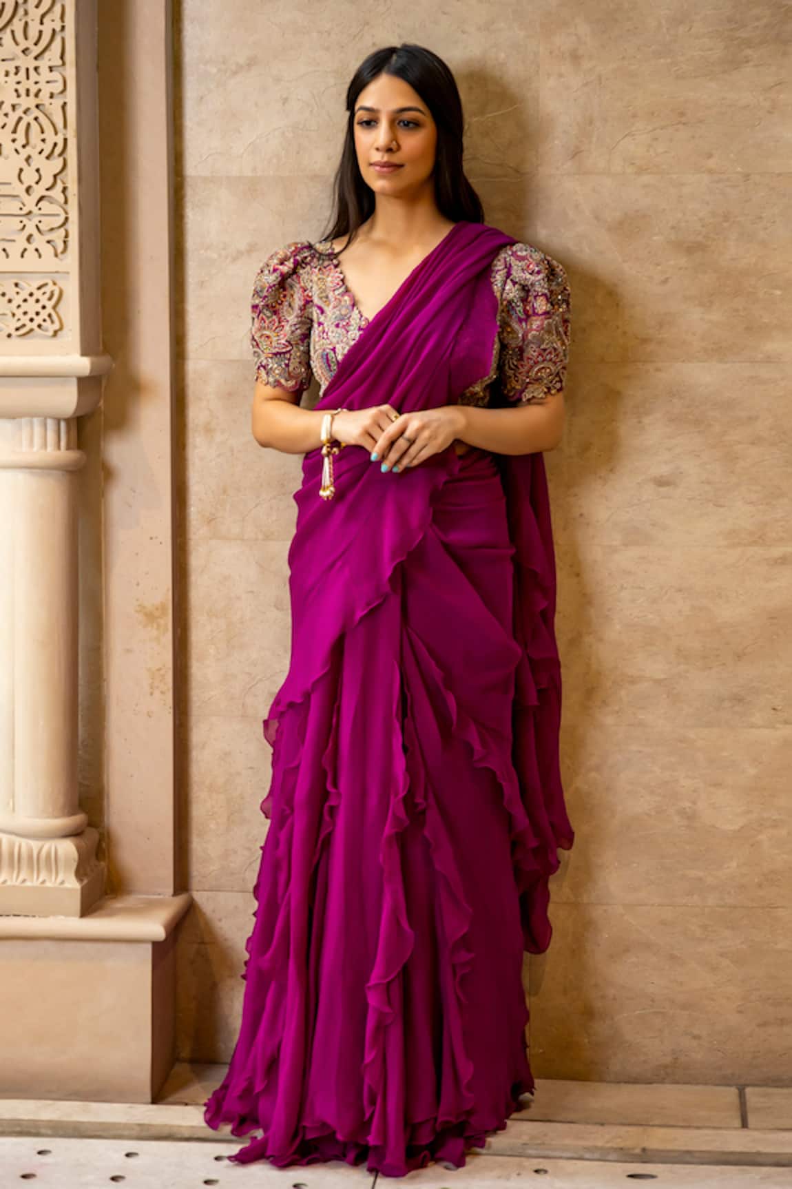 Mrunalini Rao Ruffle Saree With Floral Embroidered Blouse