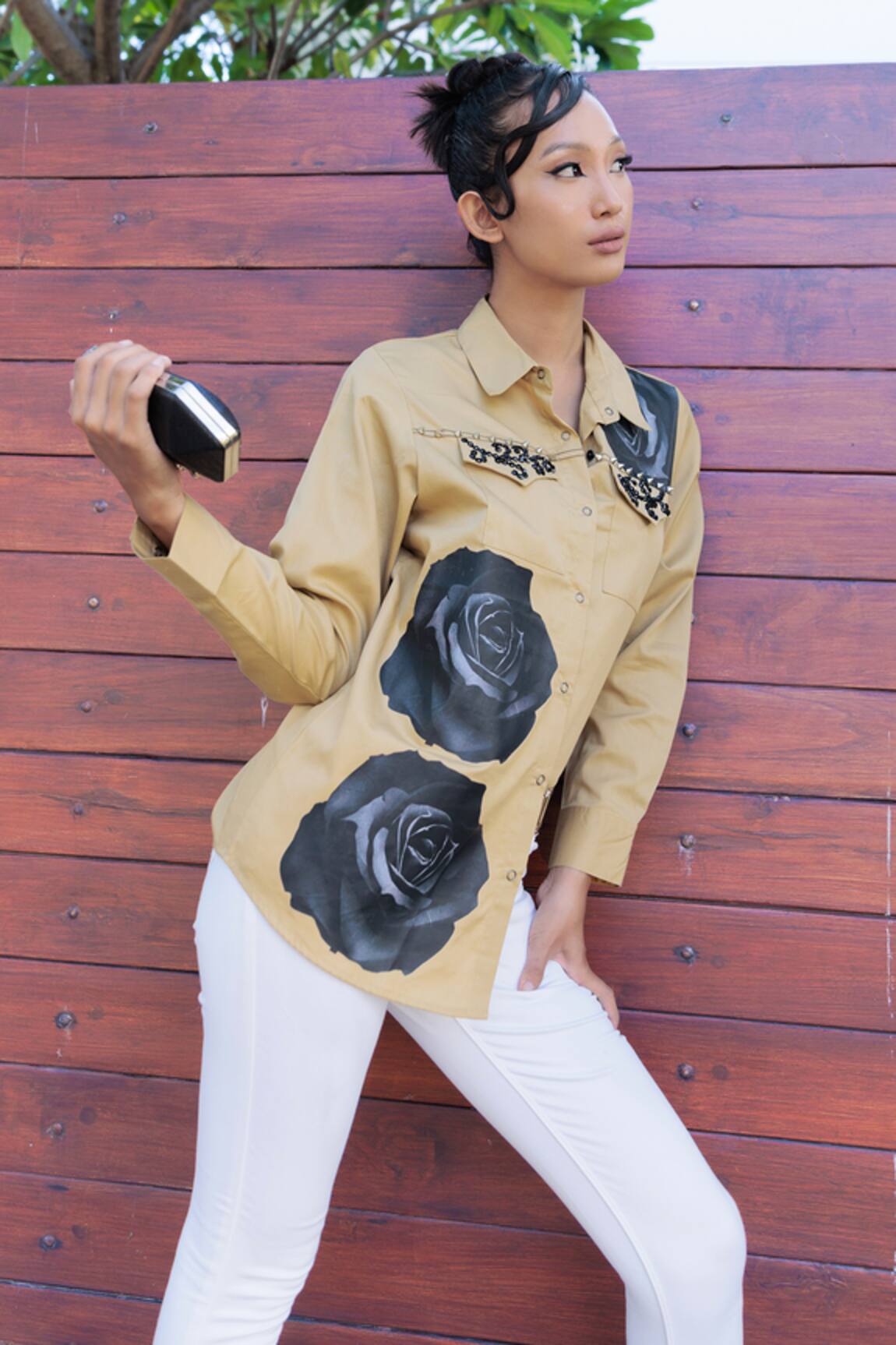 Richaa Goenka Rose Print Cotton Collared Shirt