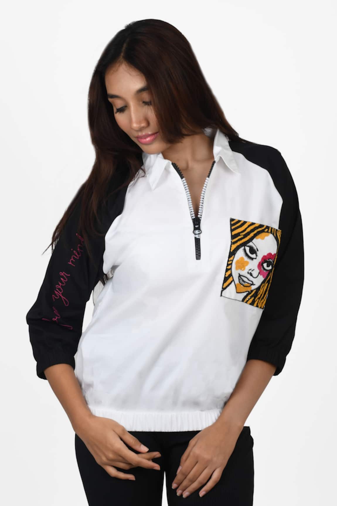 Richaa Goenka Sequin Abstract Face Embroidered Bomber Shirt