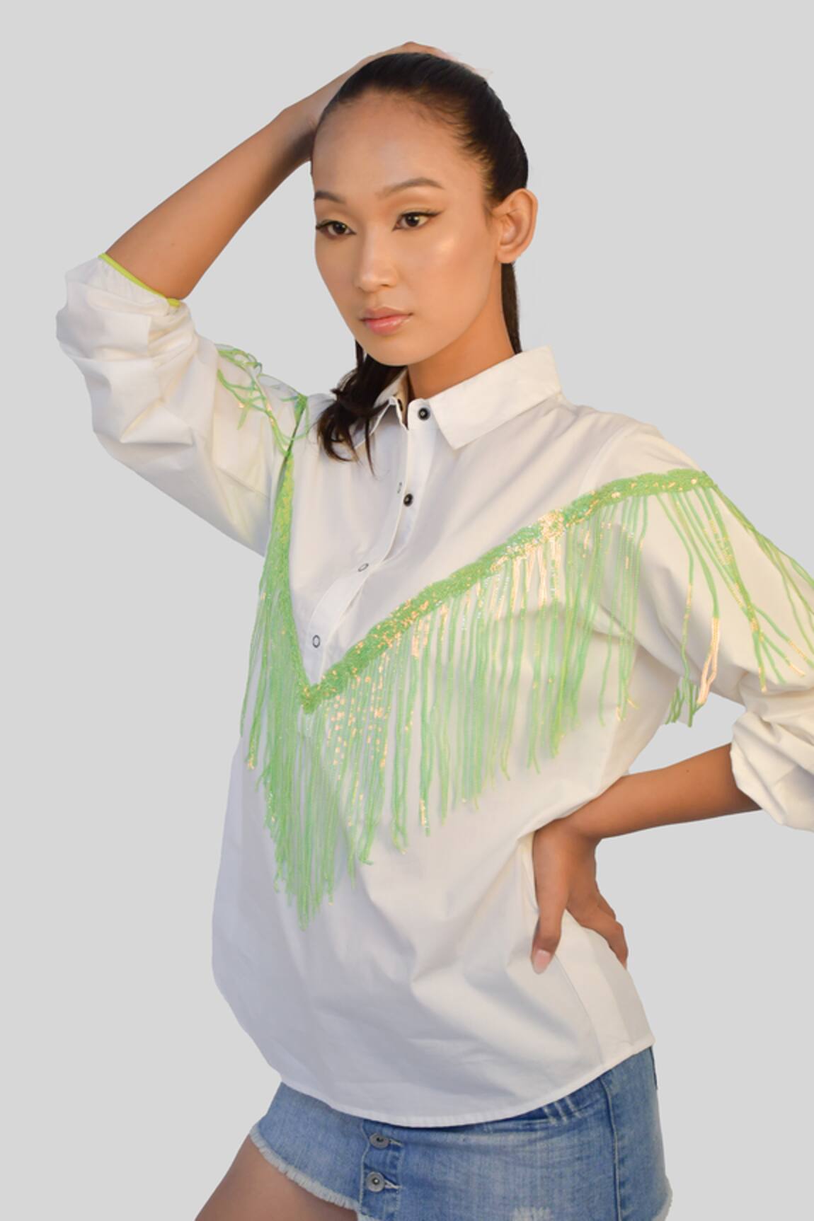 Richaa Goenka Sequin Tassel Hand Embroidered Shirt