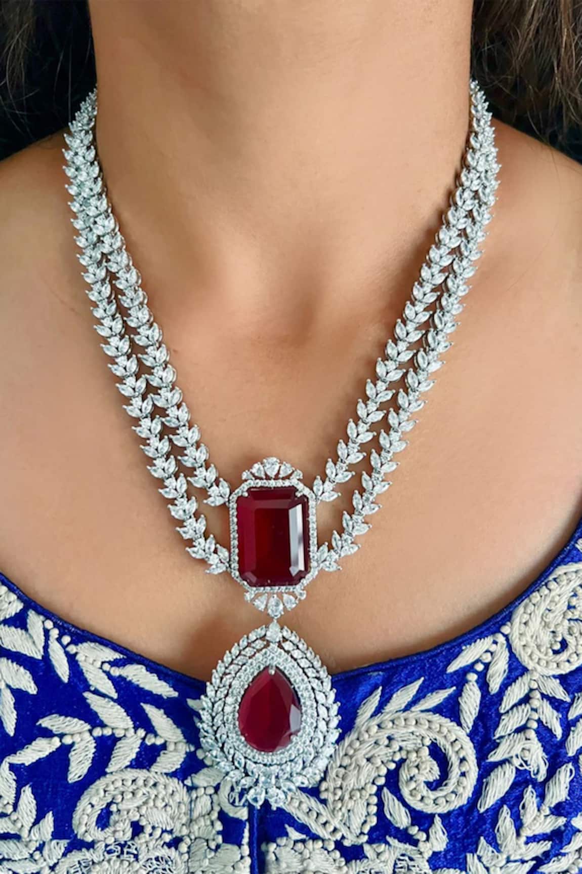 PRERTO Double Layer Ruby Embellished Necklace Set 