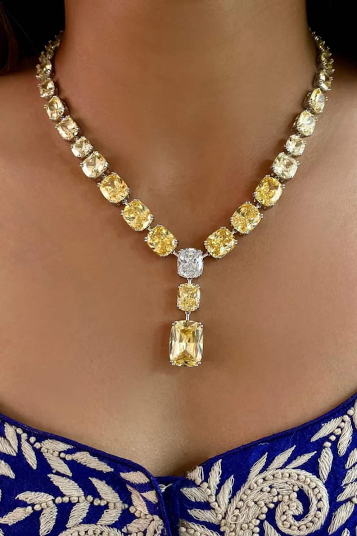 PRERTO Citrine Square Drop Diamante Necklace Set 