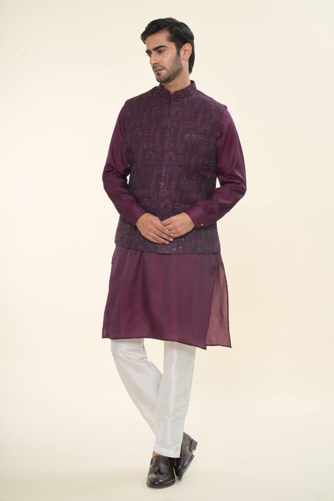 Rng Safawala Wine Embroidered Kurta Set with Nehru Jacket 