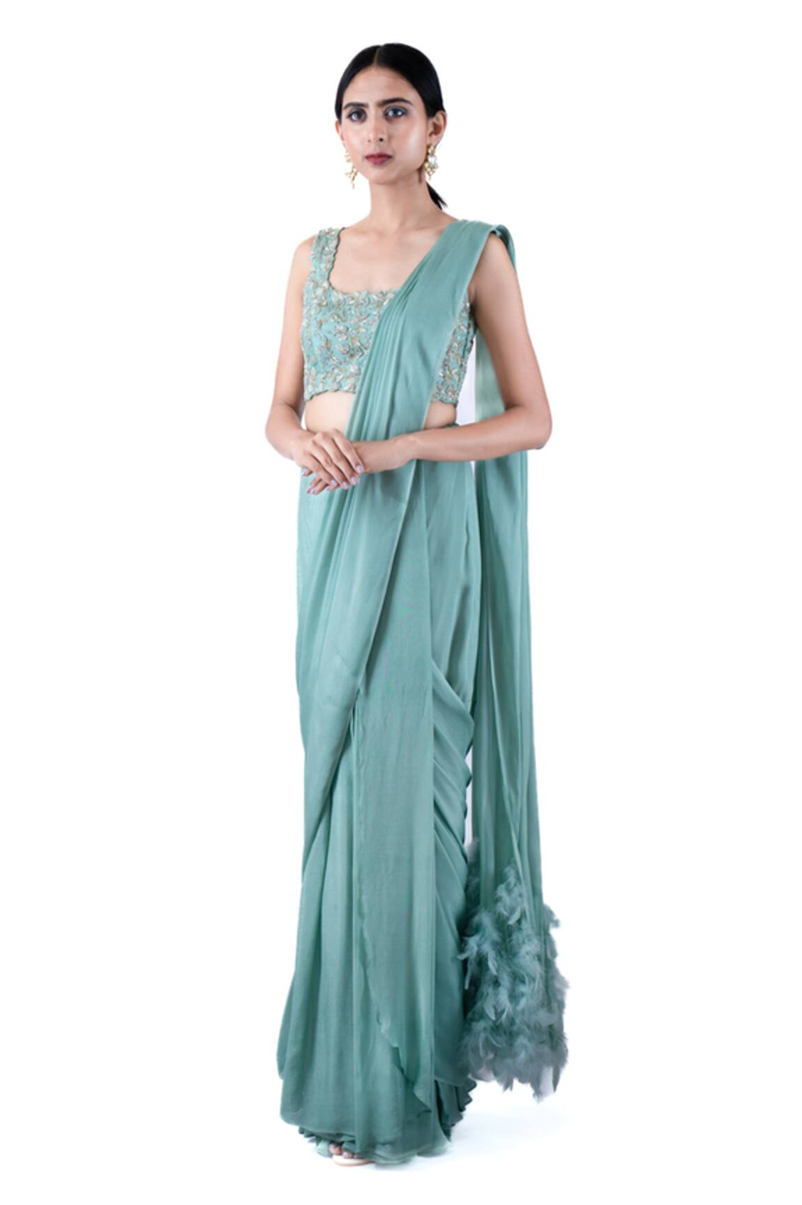 Pooja Kankariya Honey Dew Chiffon Pre-Draped Saree Set 