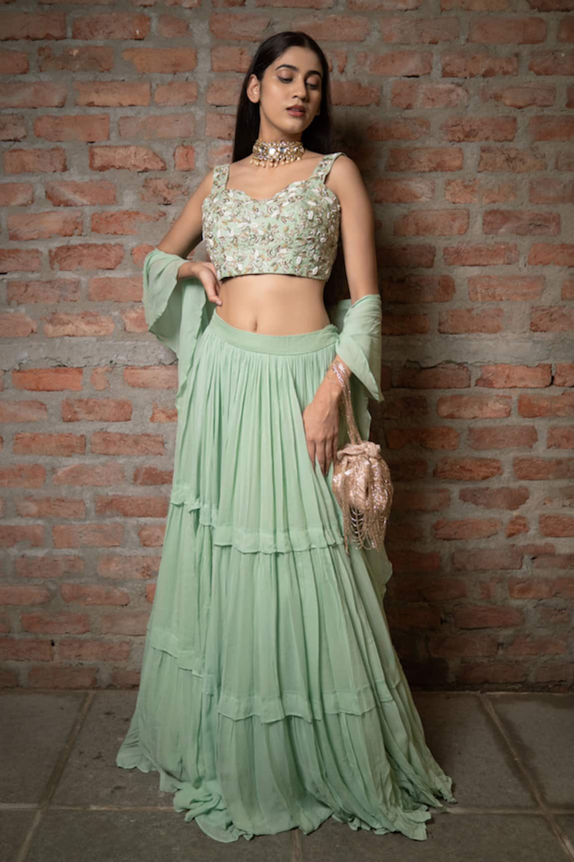 Pooja Kankariya Pleated Tiered Lehenga Set