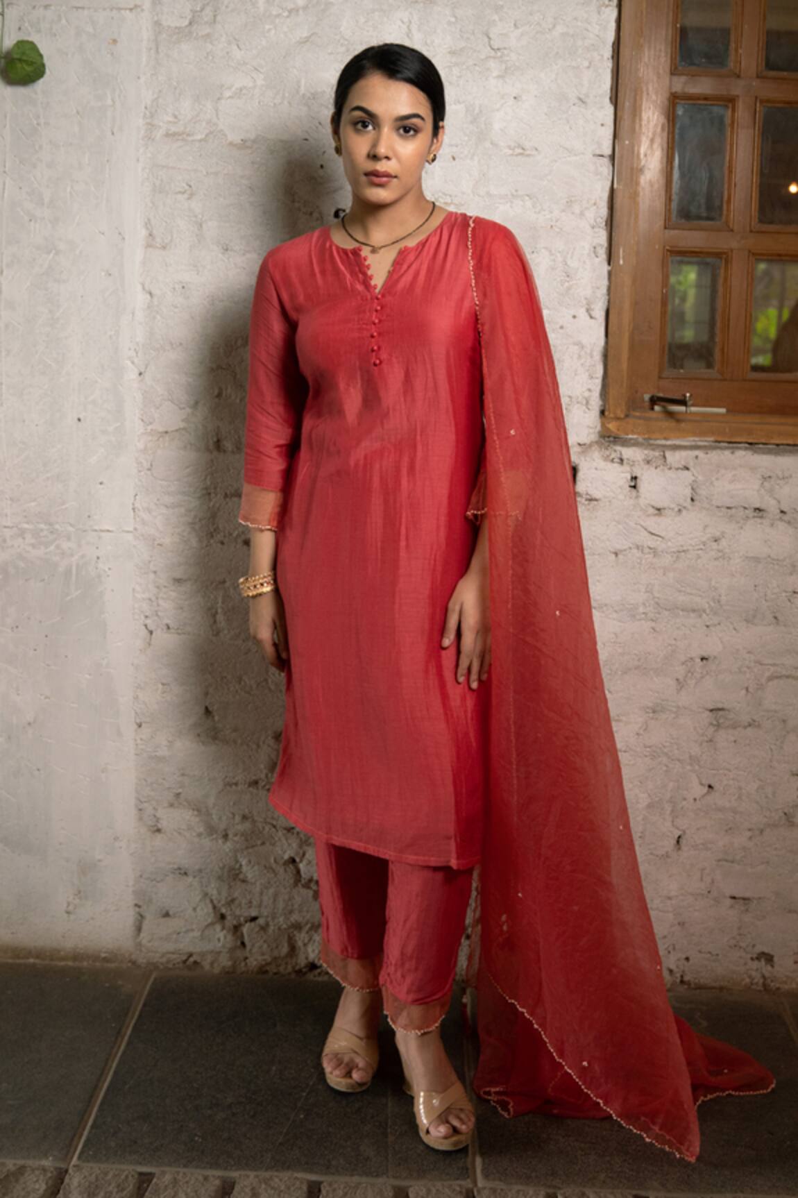 Pooja Kankariya Cinnabar hand Embellished Sheer Hem Kurta Pant Set