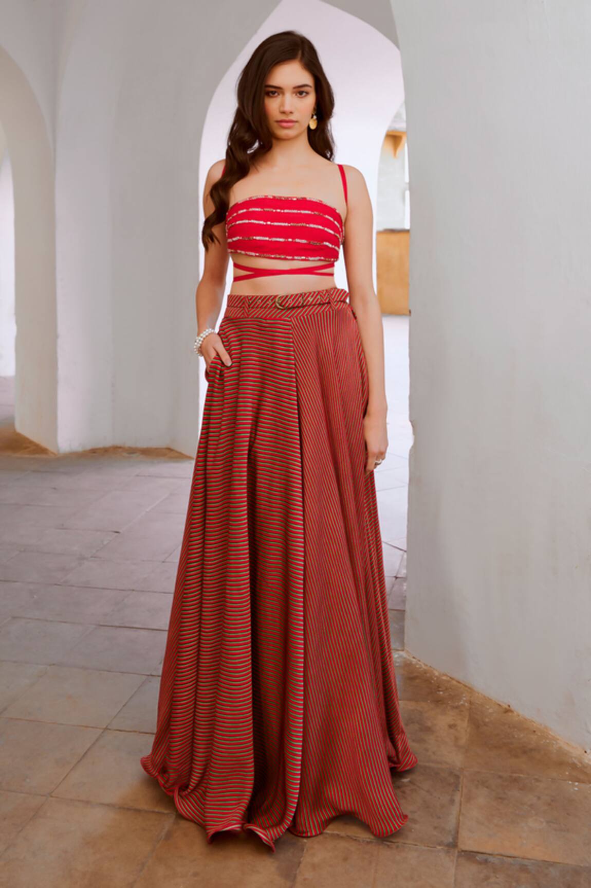 Pallavi Jaipur Embroidered Bandeau String Top & Skirt Set