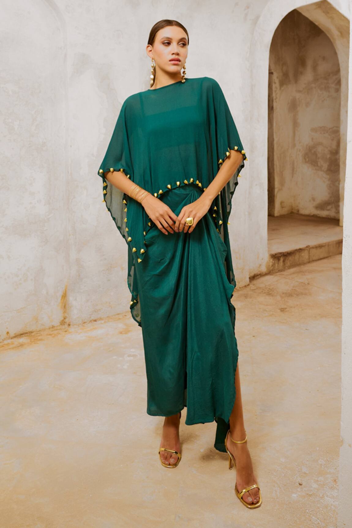 Pallavi Jaipur Bead Embroidered Cape Draped Skirt Set