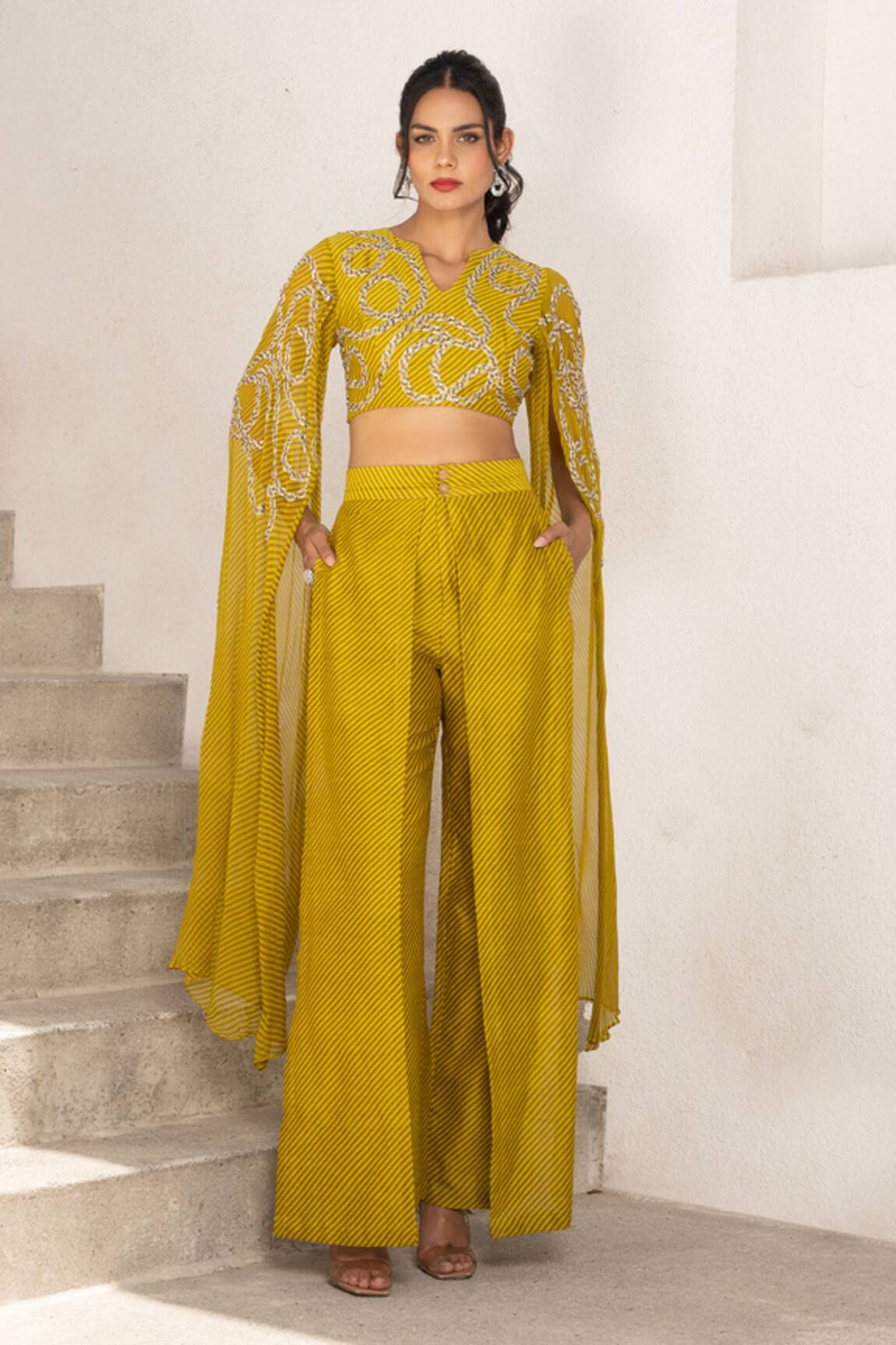 Pallavi Jaipur Diagonal Stripe Embroidered Crop Top & Pant Set