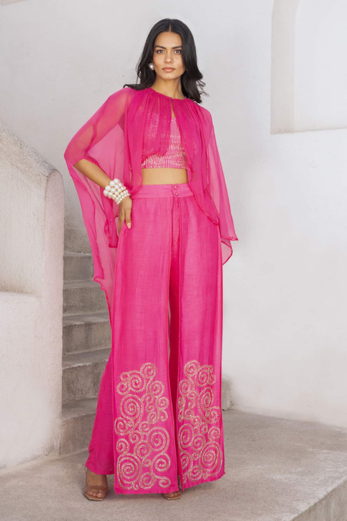Pallavi Jaipur Bandee Cape Embroidered Flutter Pant Set