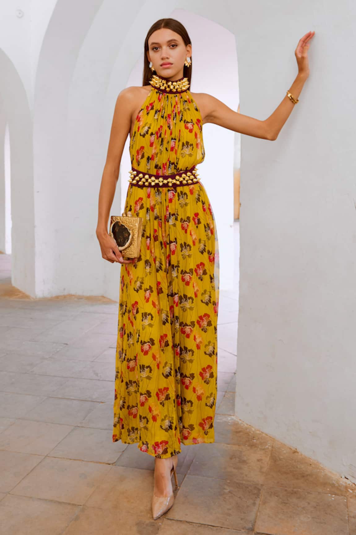 Pallavi Jaipur Poppy Planet Print Jumpsuit With Embroidered Belt