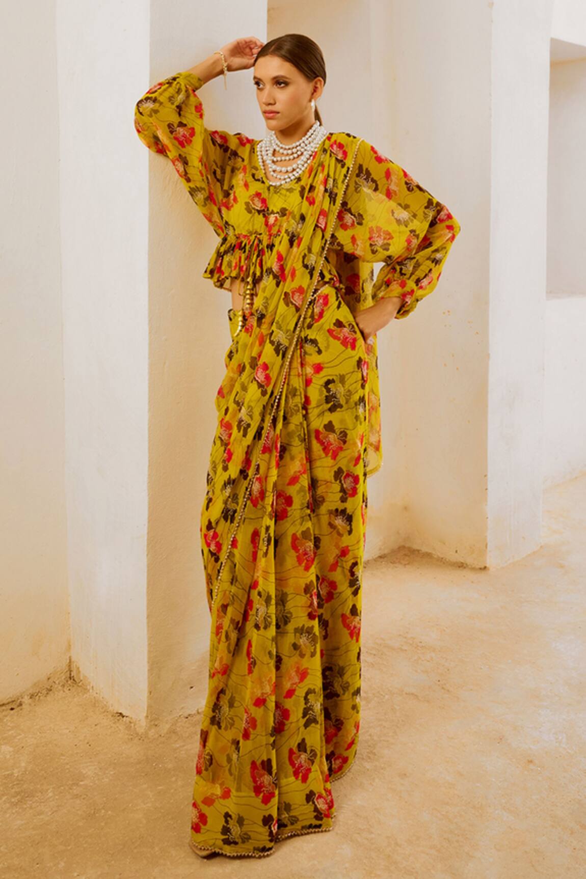 Pallavi Jaipur Poppy Planet Print Saree With Frilled Blouse