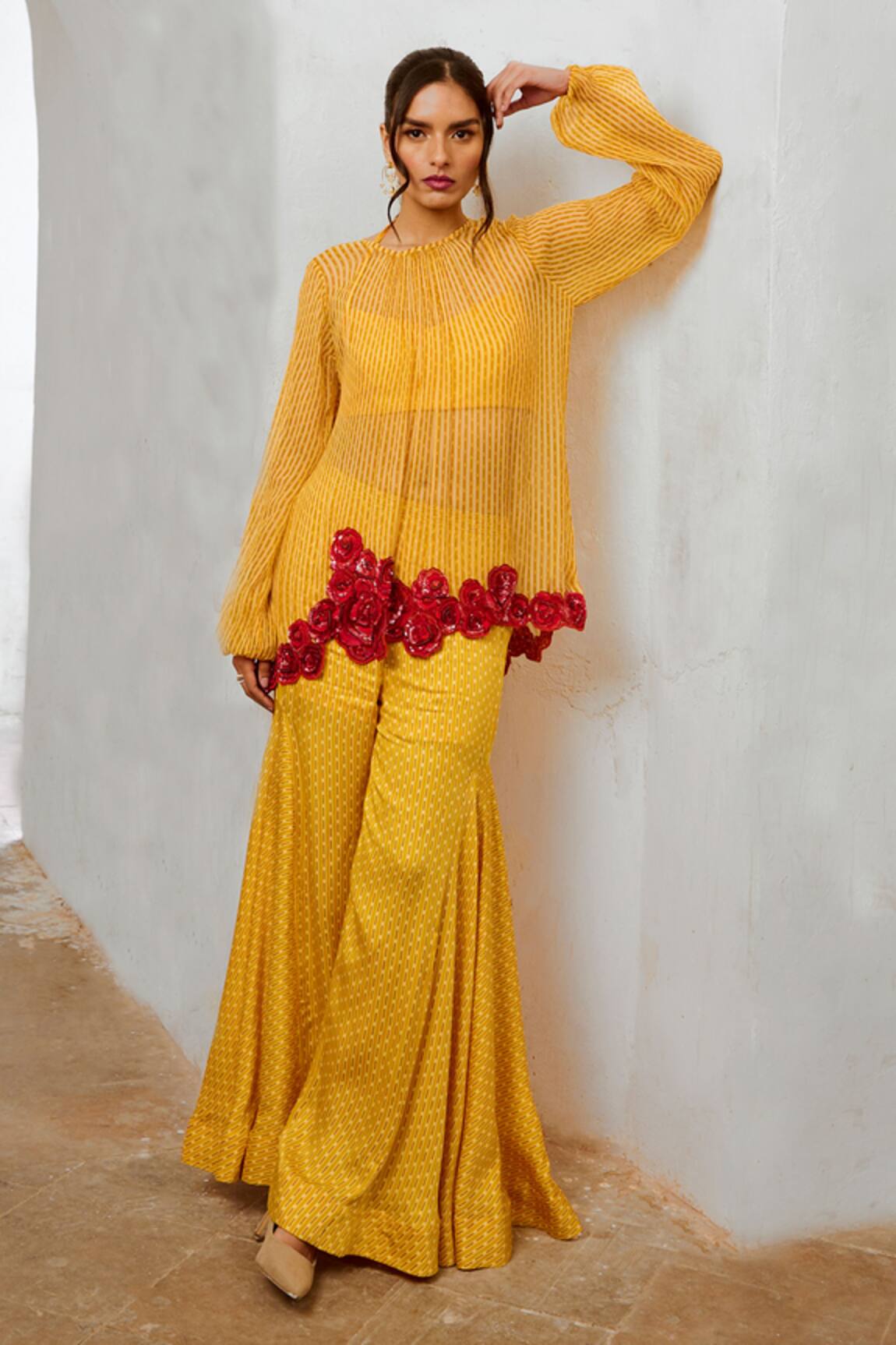 Pallavi Jaipur Contrast Rosette Embroidered Sheer Tunic & Sharara Set