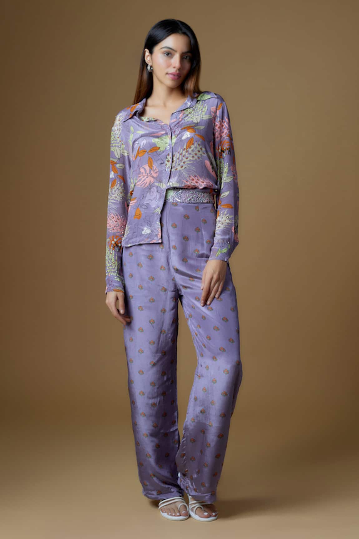 Zal From Benaras Abstract Flora Print Shirt With Pant 