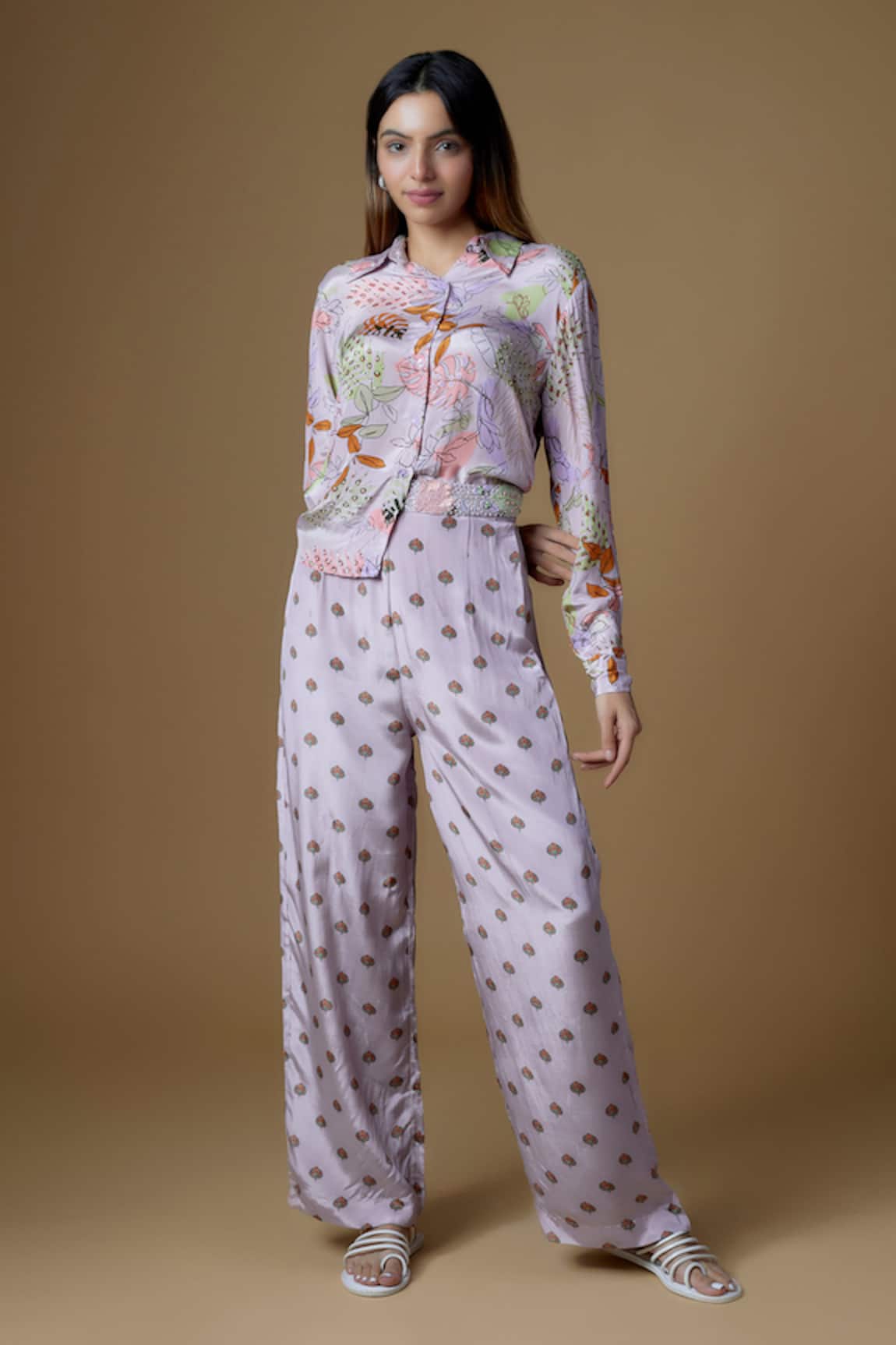 Zal From Benaras Abstract Leaf Print Shirt With Pant 