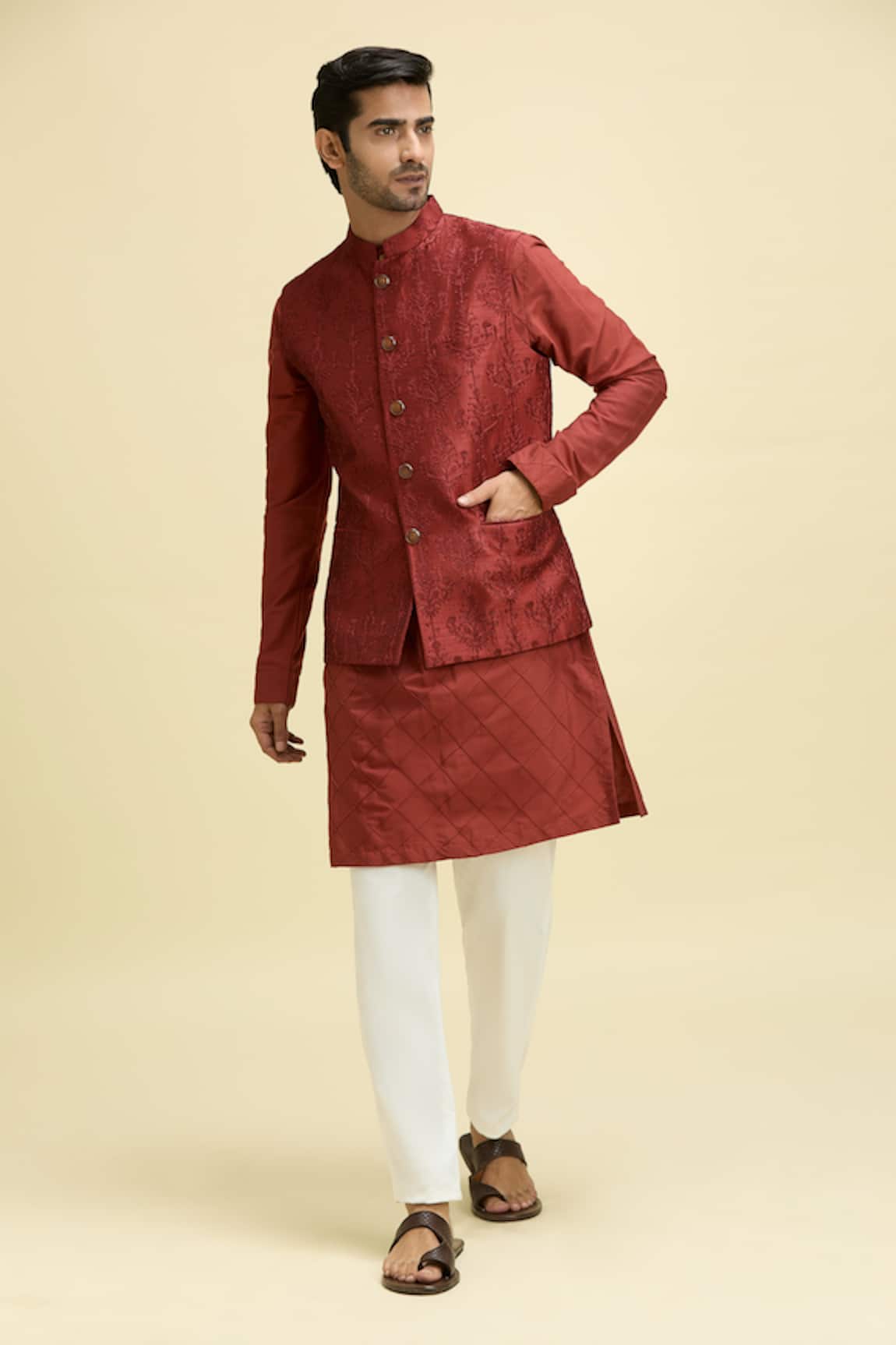 Arihant Rai Sinha Red Ambrosia Embroidered Bundi & Kurta Set 