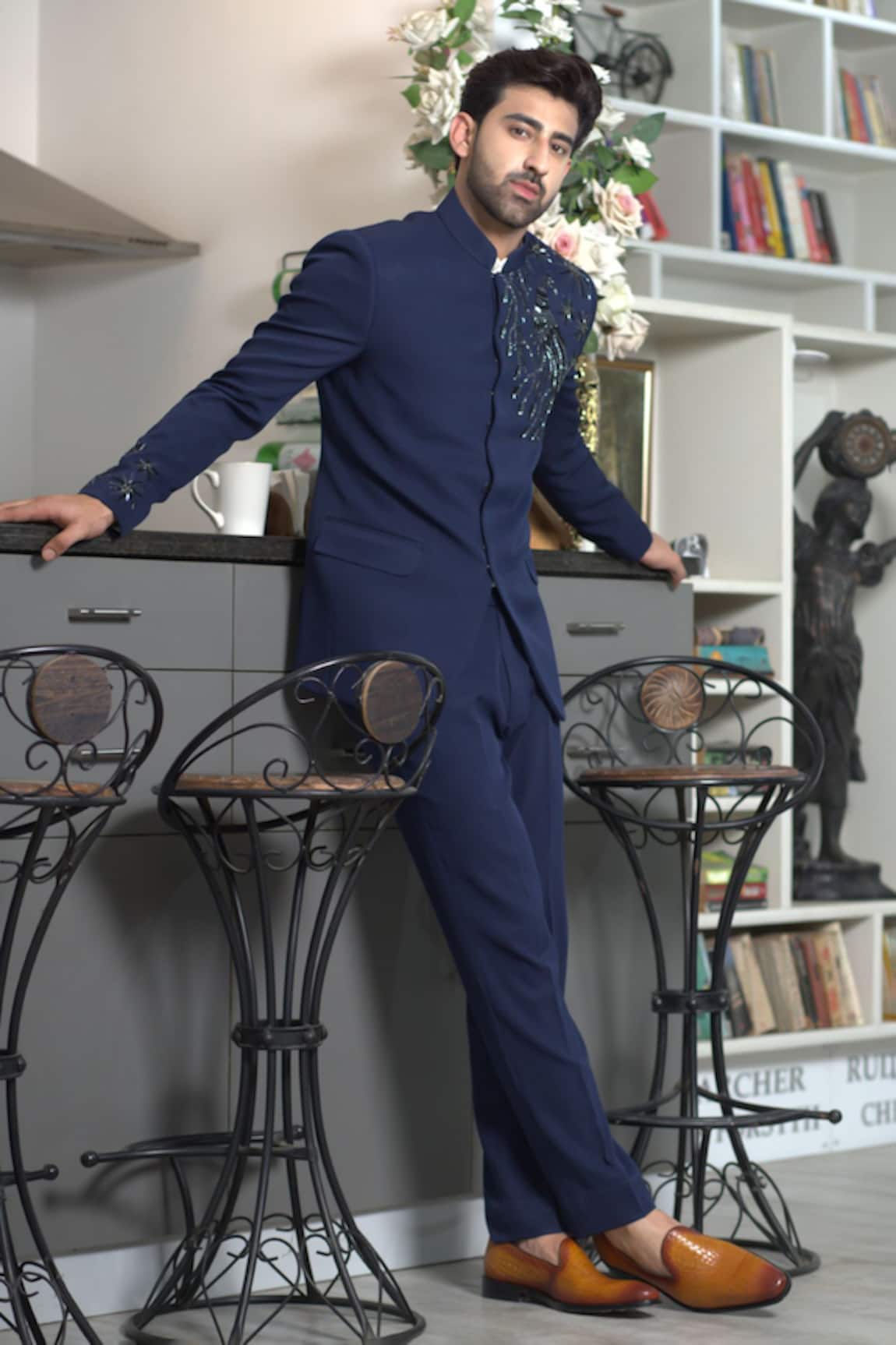 Courtyard By Abhi Peacock Bead Embellished Bandhgala With Trouser 