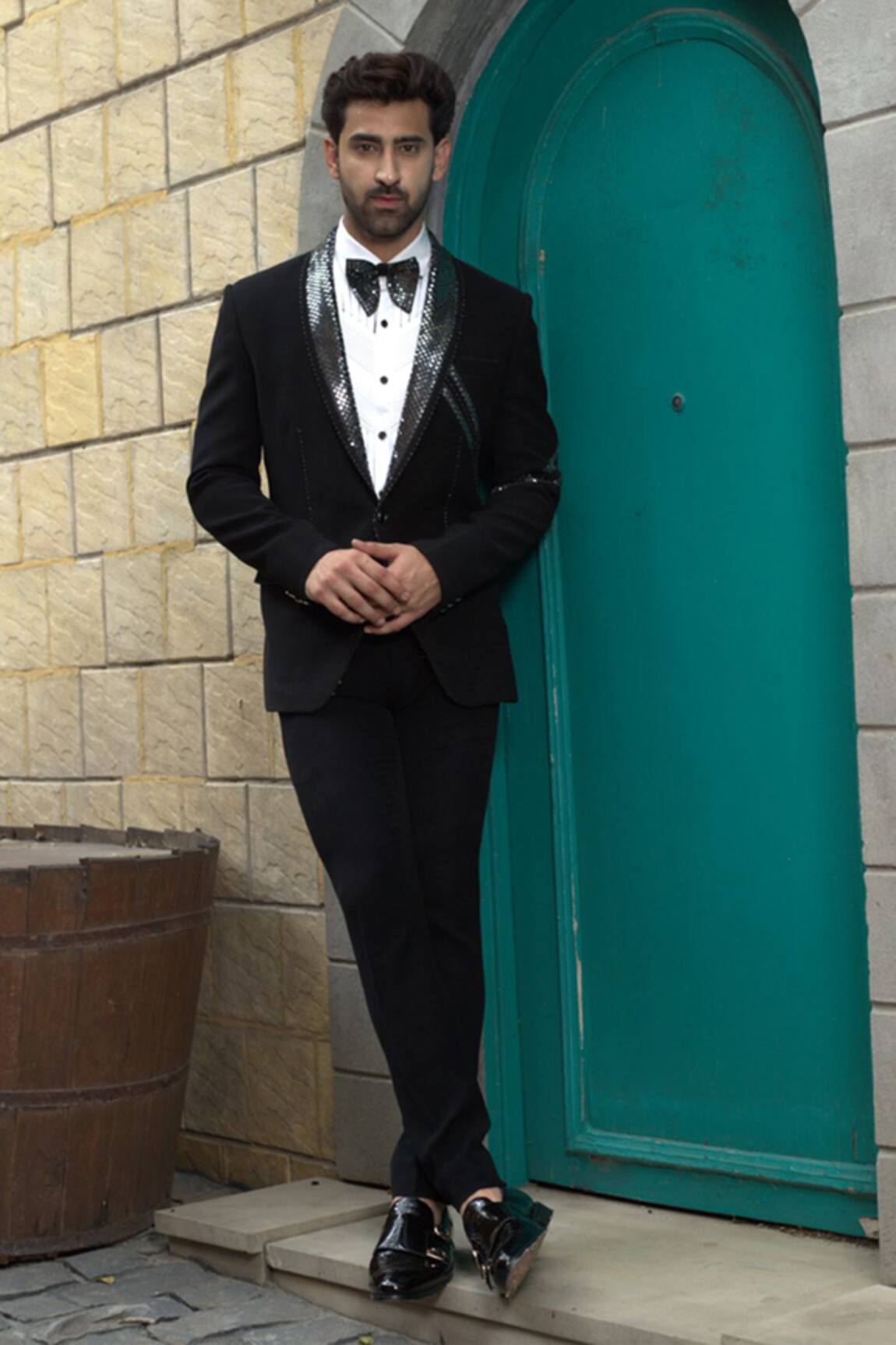 Courtyard By Abhi Black Metallic Checkered Tuxedo Set 