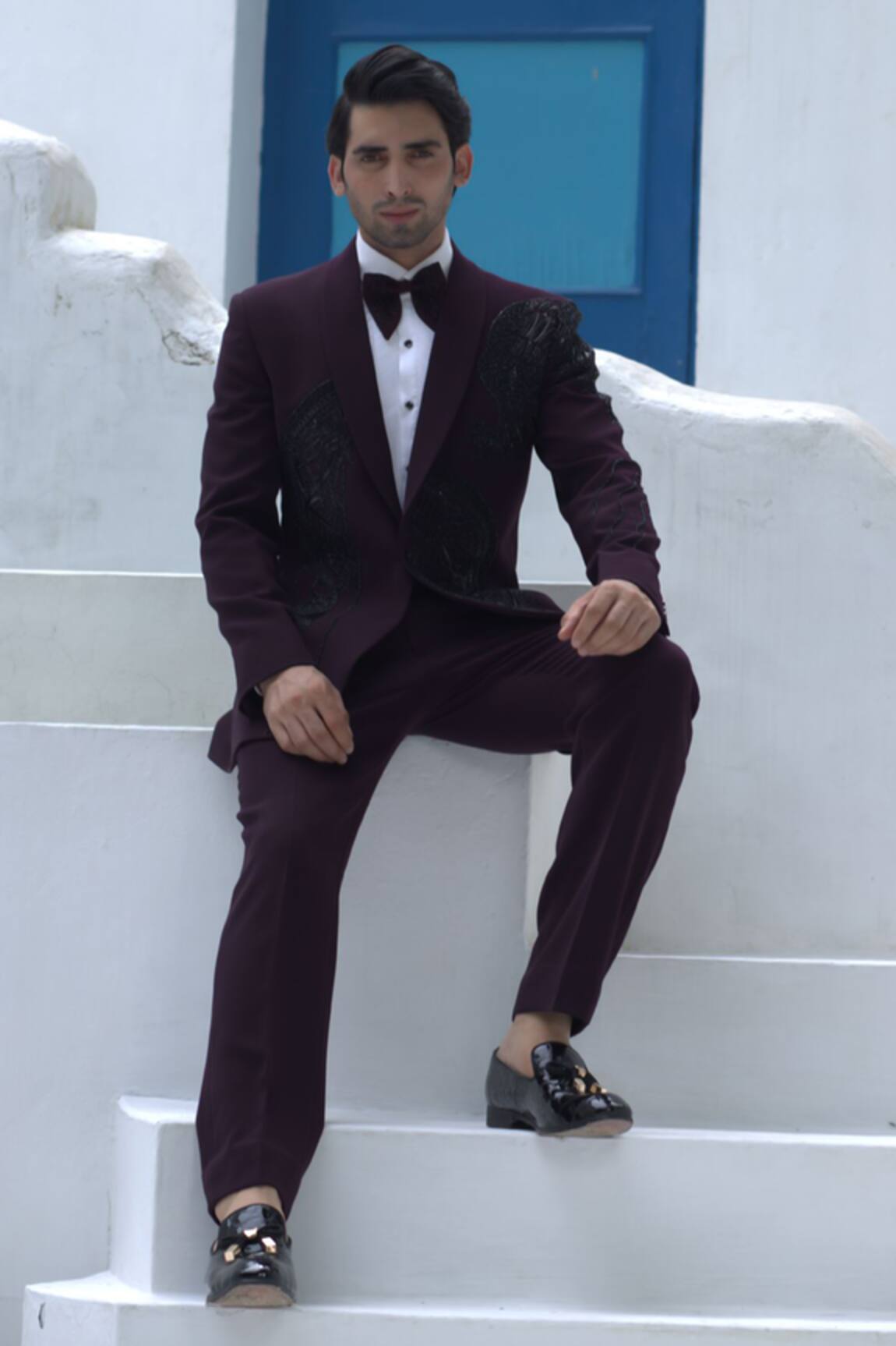 Courtyard By Abhi Bead Embellished Wine Tuxedo Set 