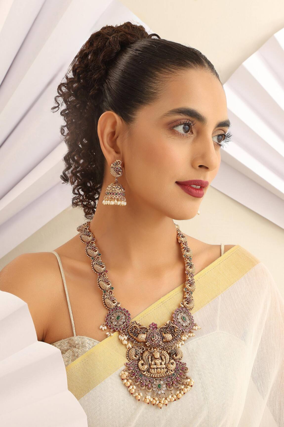 MUDRA LUXE Goddess Carved Motif Long Necklace Set 