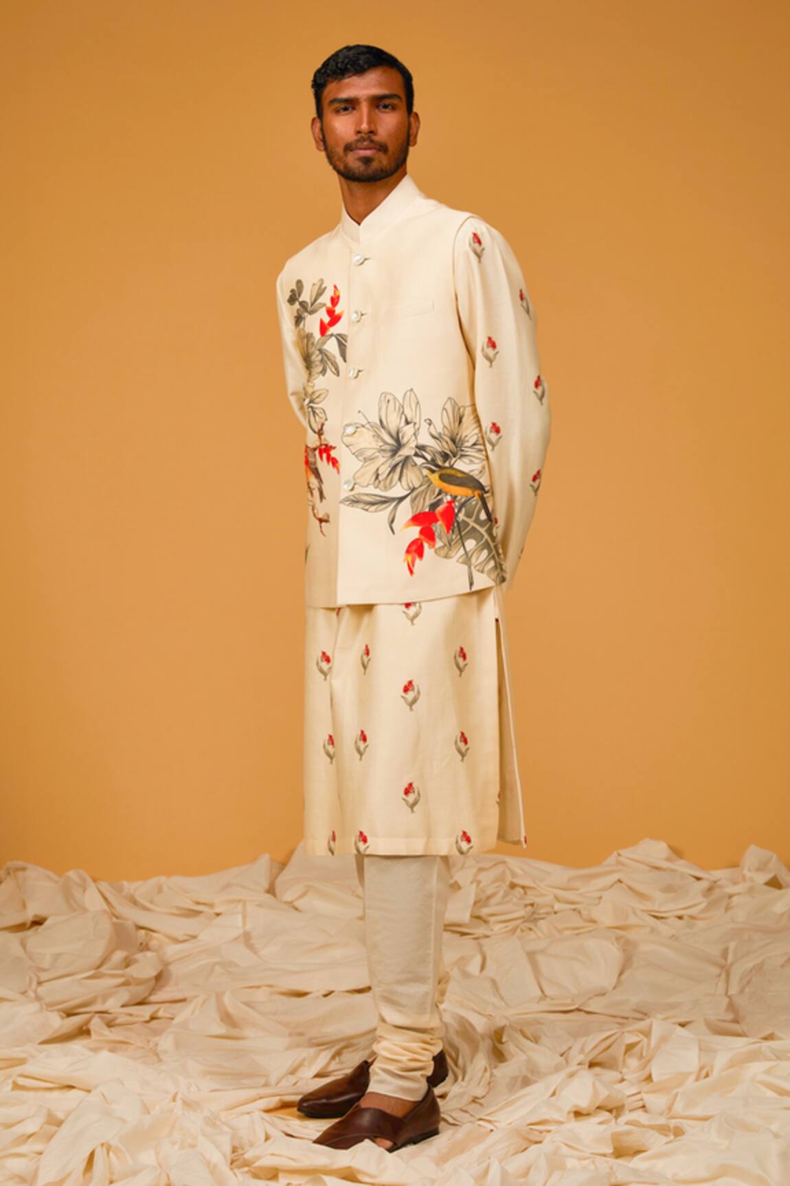 Rohit Bal Floral Bird Print Bundi Kurta Set 