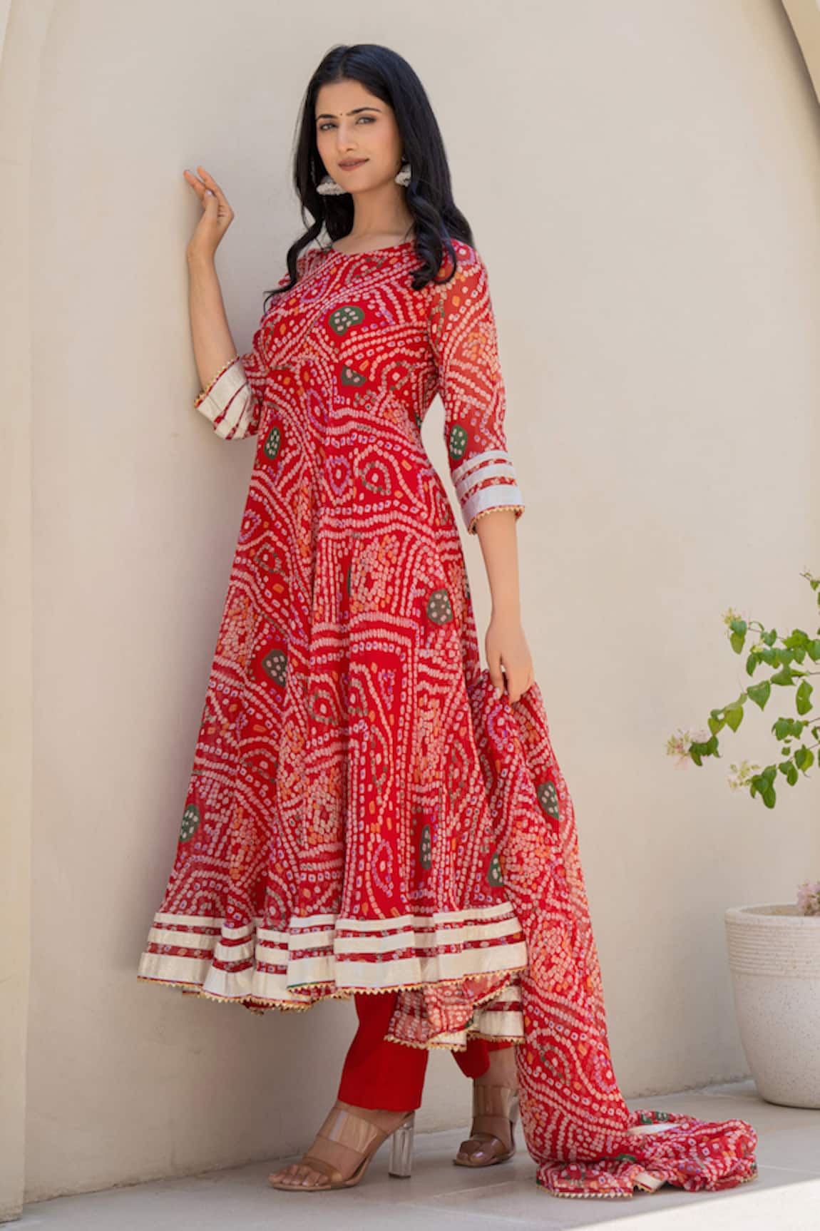 Suti Kapda Bandhej Pattern Anarkali Pant Set