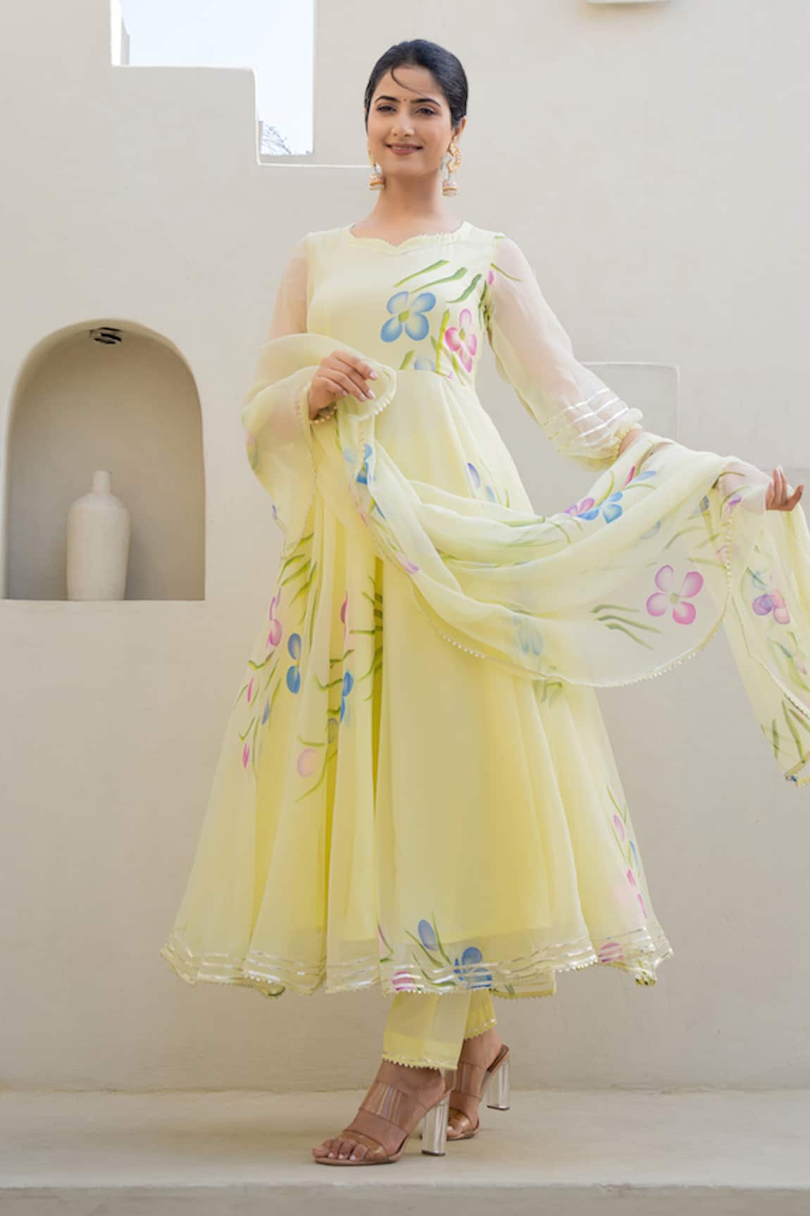 Suti Kapda Flower Bloom Print Anarkali Pant Set 