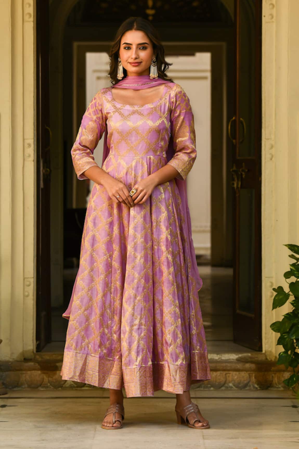 Suti Kapda Banarasi Silk Woven Anarkali Pant Set 