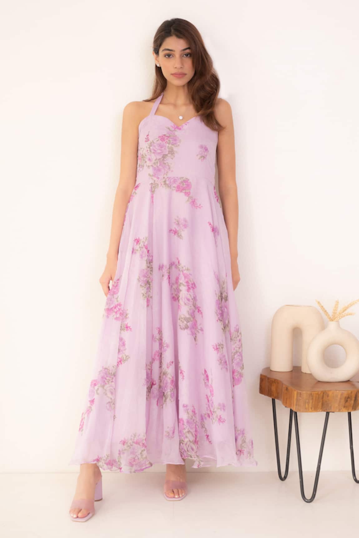 Suti Kapda Floral Print Halter Neck Gown