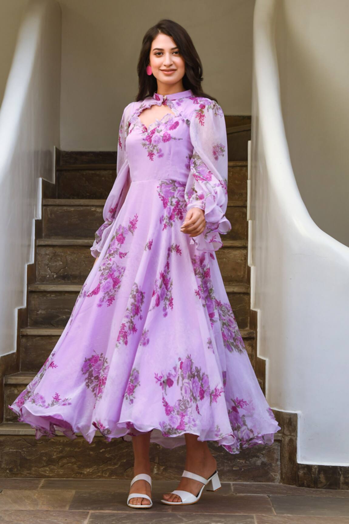 Suti Kapda Floral Print Flared Gown