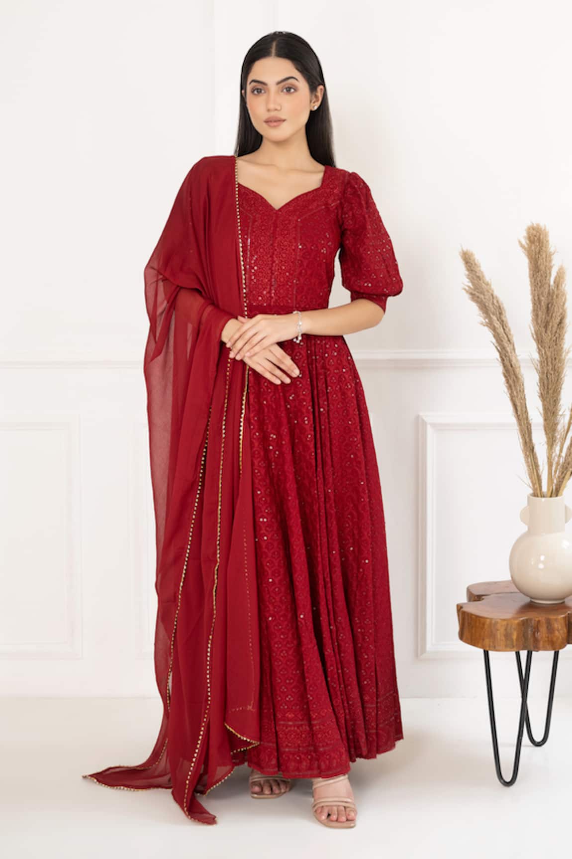 Suti Kapda Sequin & Thread Embroidered Anarkali With Dupatta 