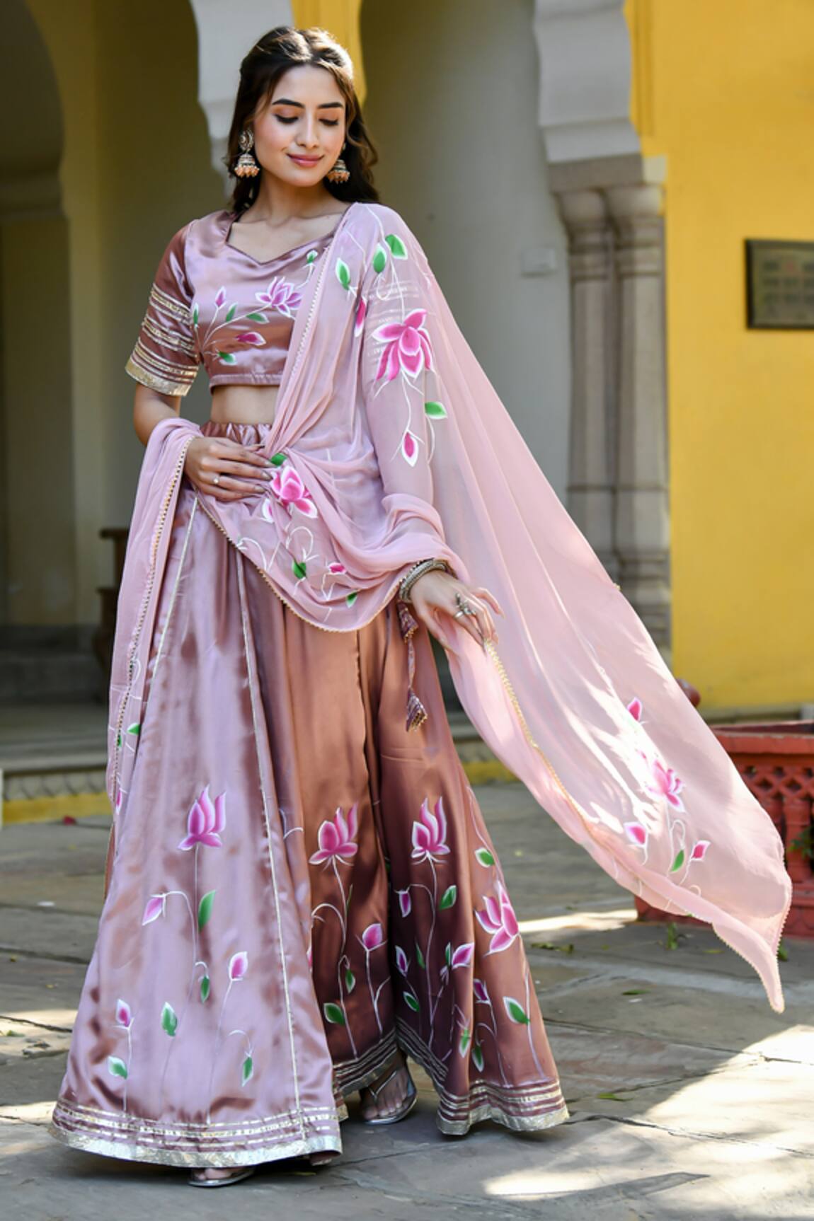 Suti Kapda Handpainted Floral Lehenga Set 