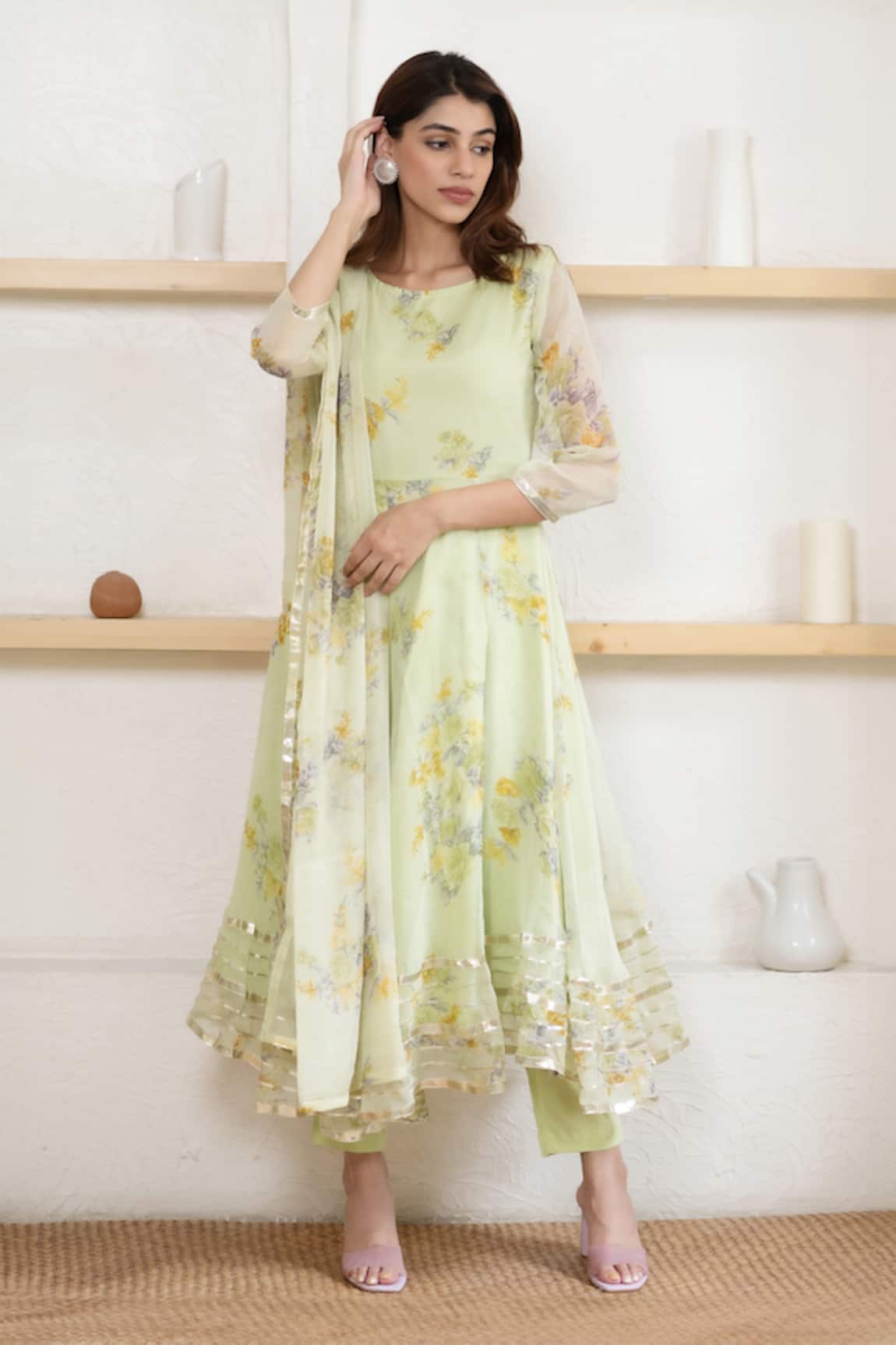 Suti Kapda Floral Print Anarkali Pant Set