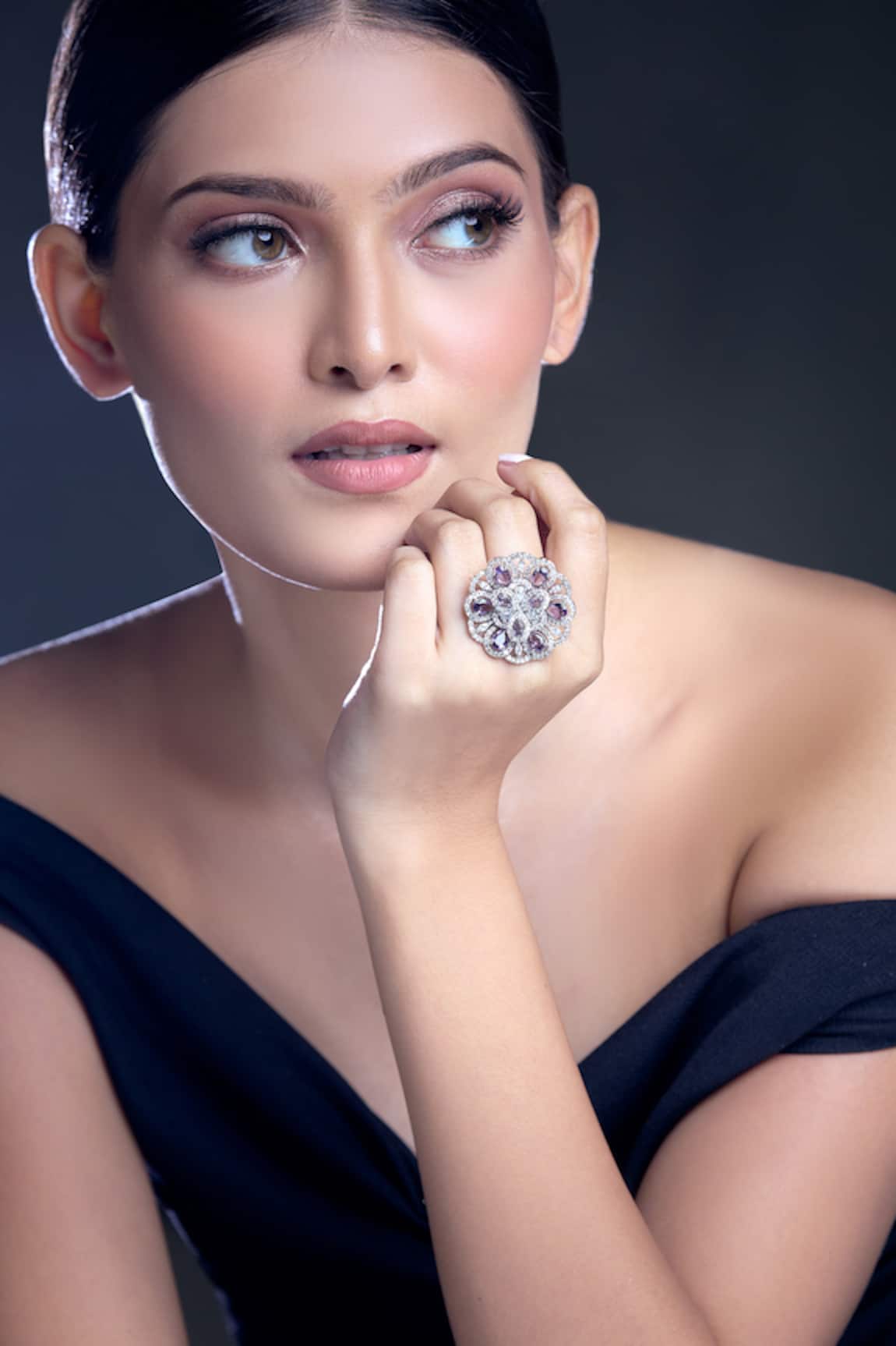 Moh-Maya by Disha Khatri Amethyst & Zircon Stone Studded Ring 