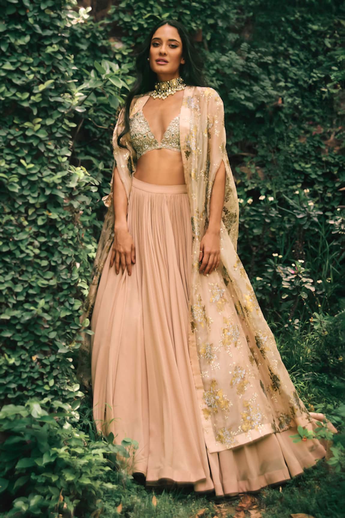 Bhumika Sharma Lisa Gathered Lehenga Set With Embroidered Cape