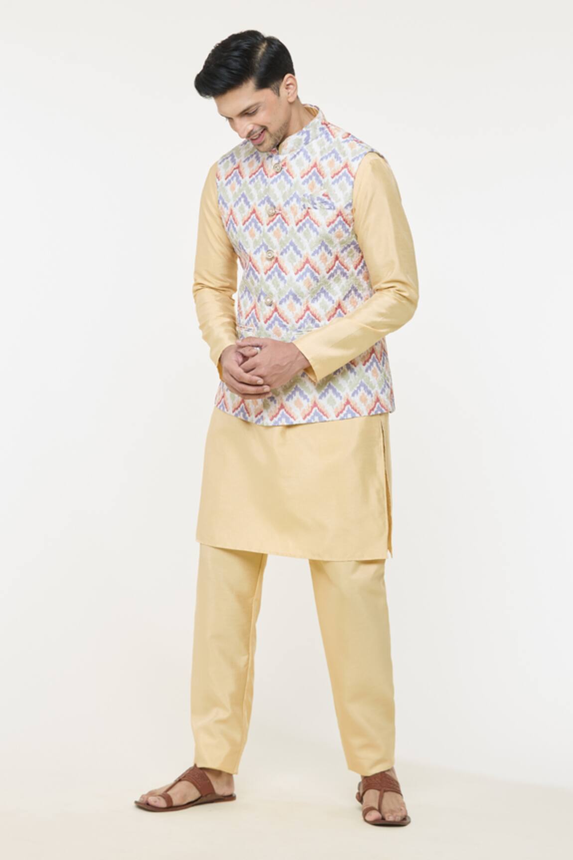 Arihant Rai Sinha Geometric Pattern Cream Nehru Jacket 